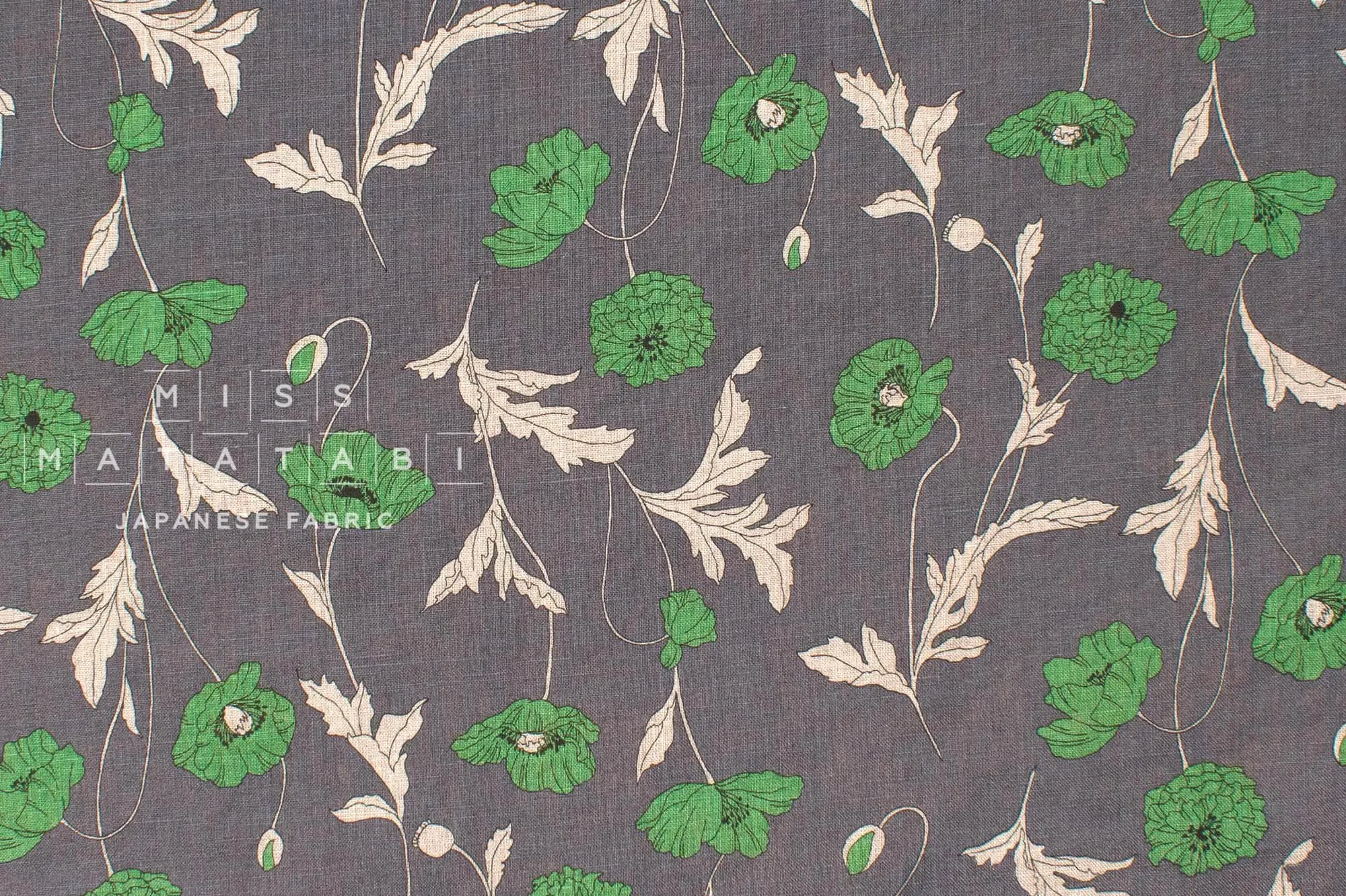 100% linen Hokkoh Poppies III - green, grey