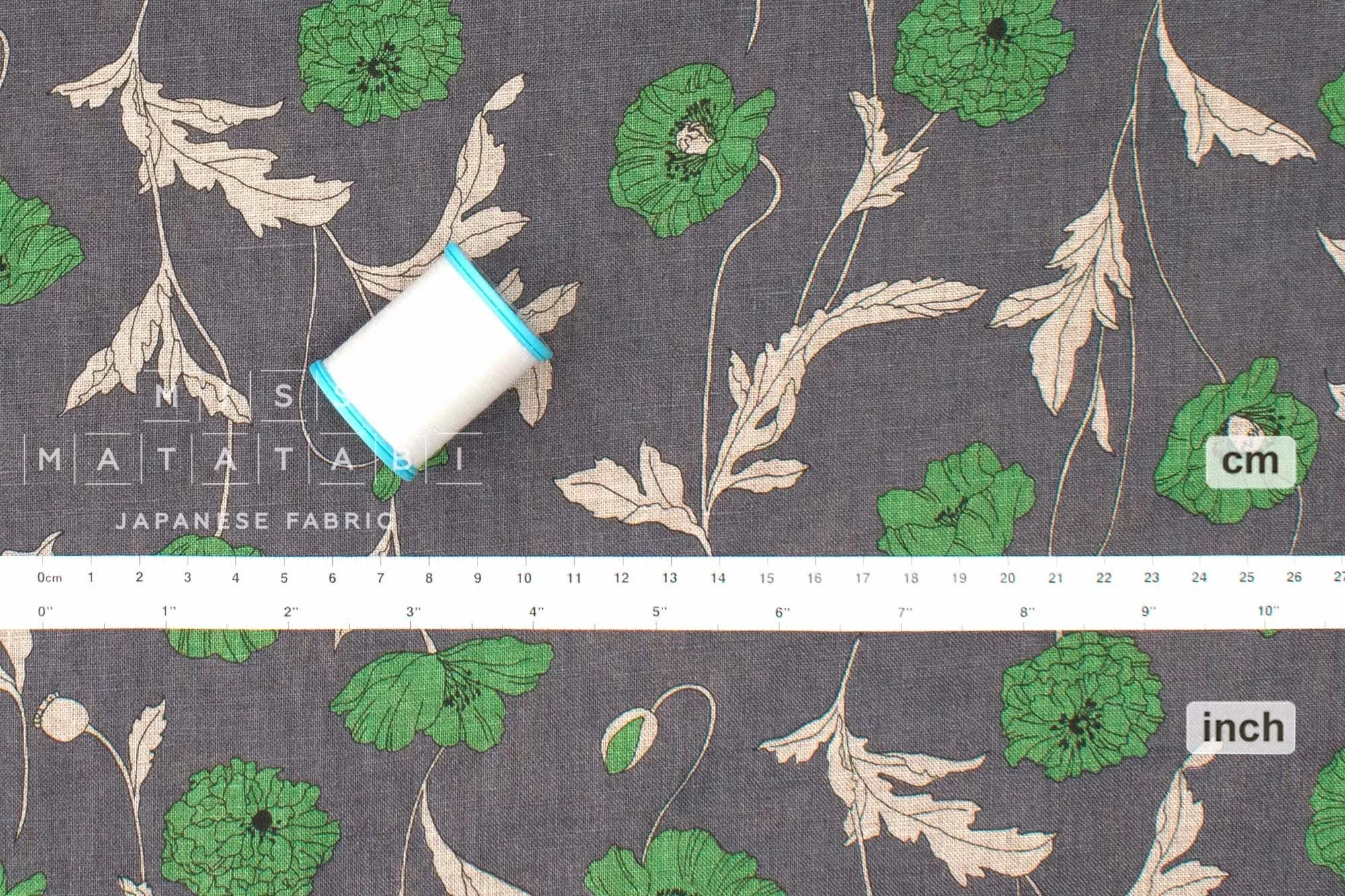 100% linen Hokkoh Poppies III - green, grey