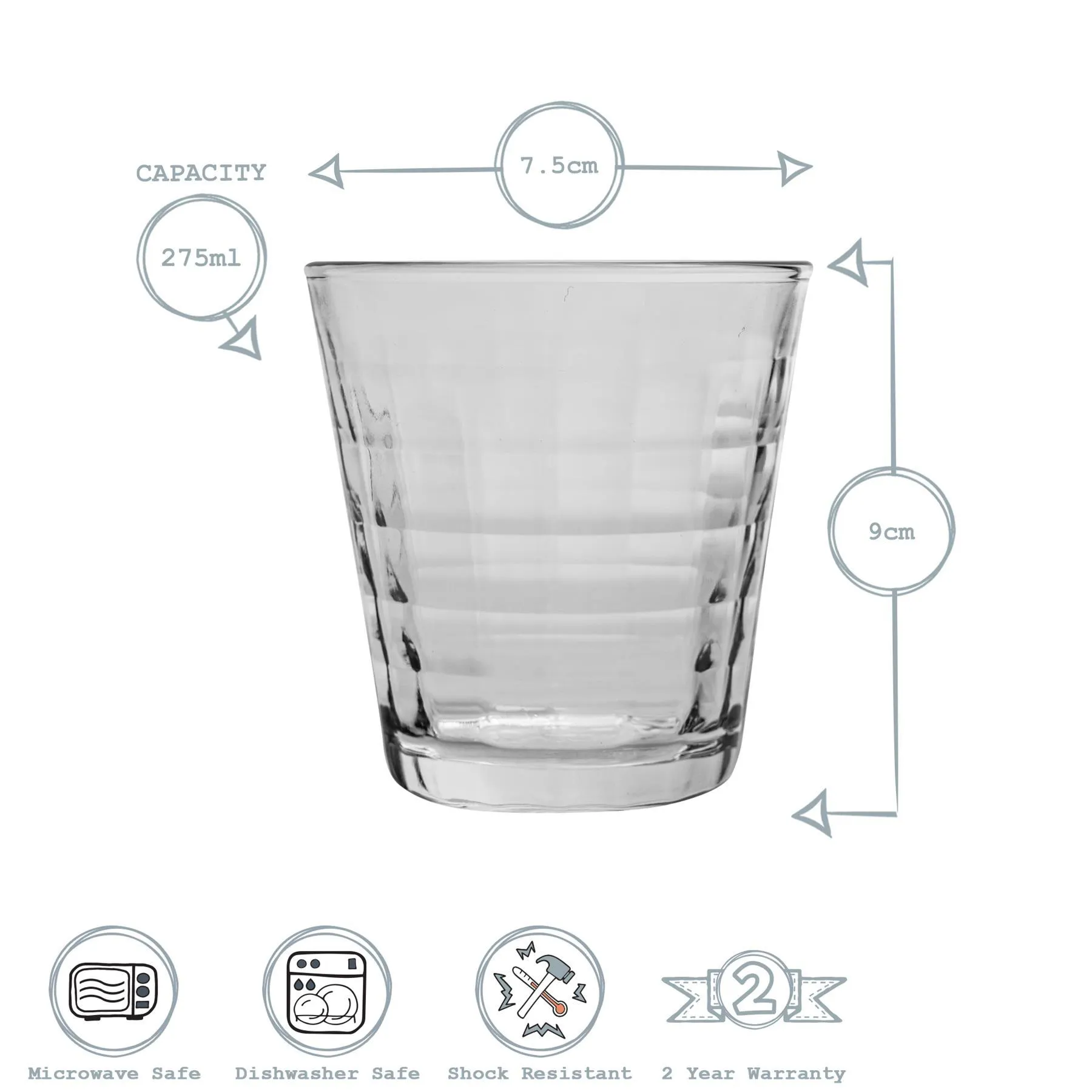 275ml Clear Prisme Tumbler Glasses - Pack of Six - By Duralex