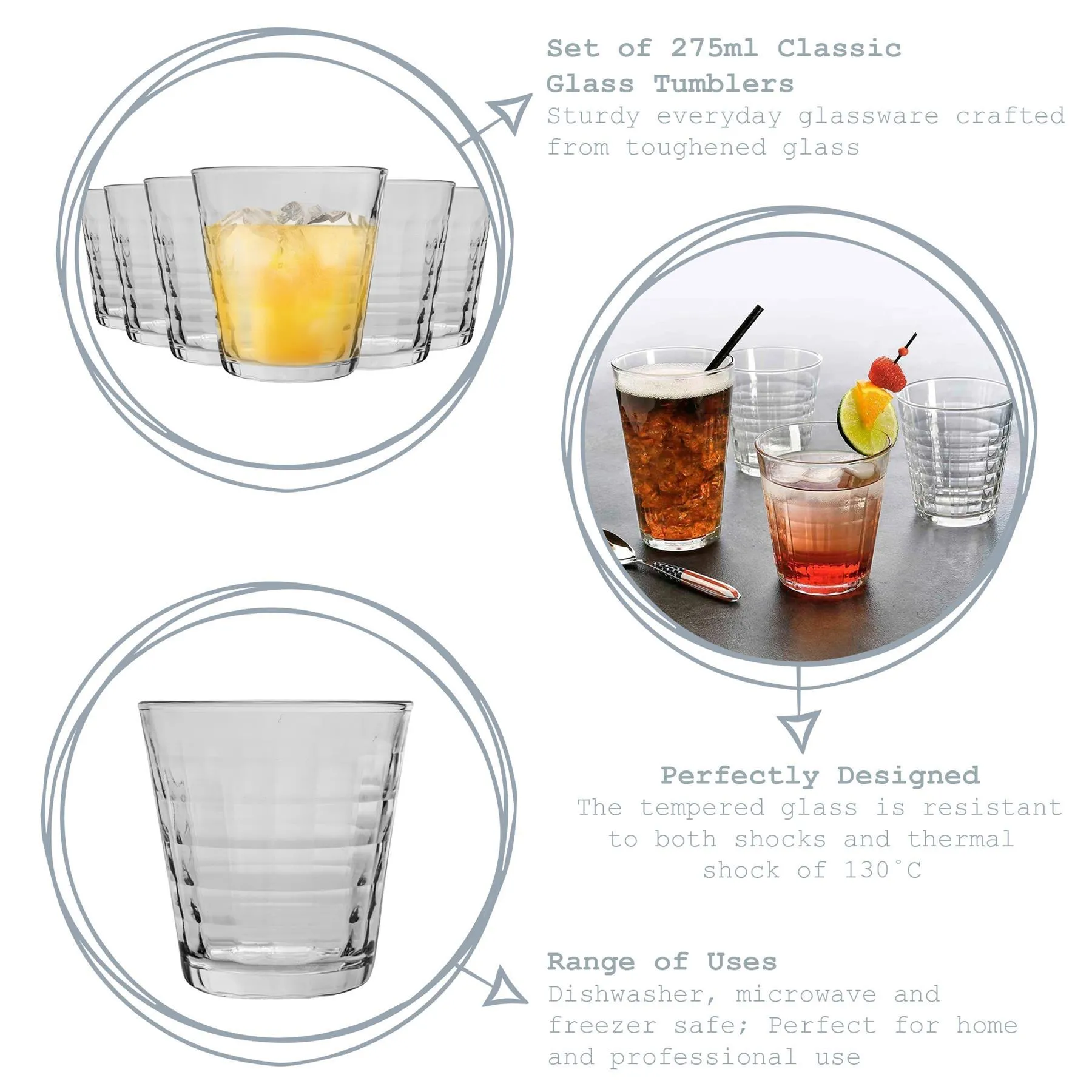 275ml Clear Prisme Tumbler Glasses - Pack of Six - By Duralex