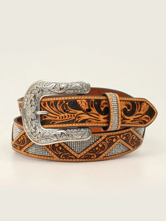 Angel Ranch D140002808 Ladies Zig Zag Stones Floral Tooled Belt Tan