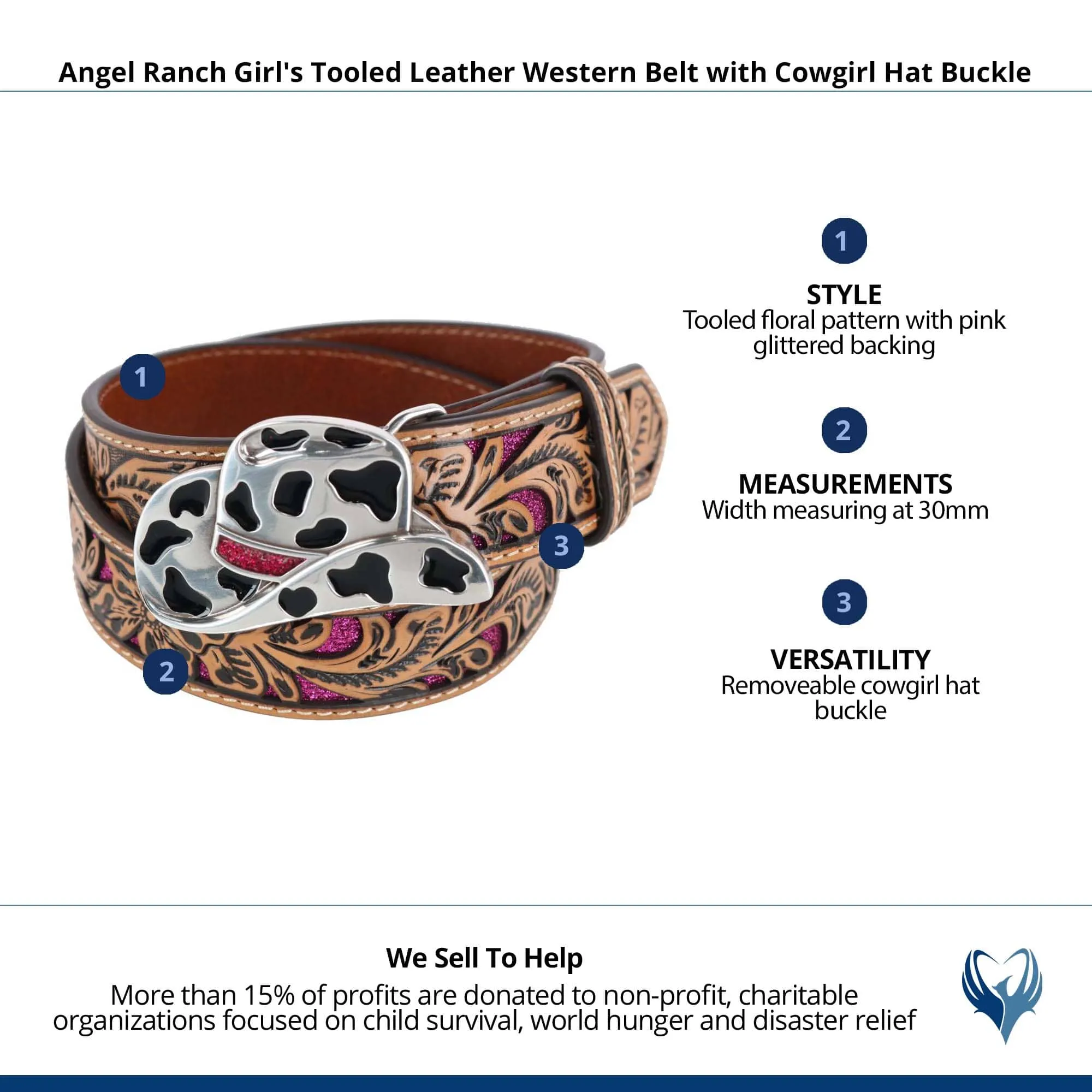 Angel Ranch Girl's Tooled Leather Western Belt with Cowgirl Hat Buckle