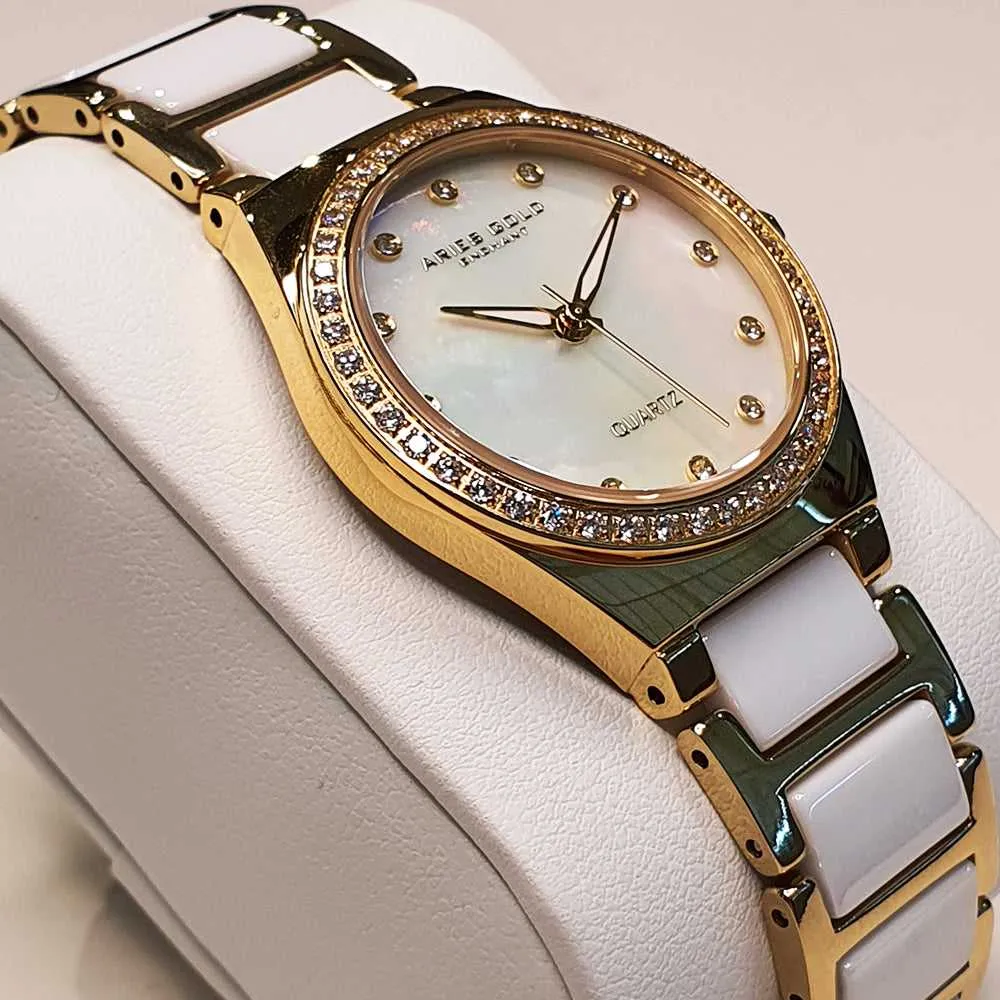 ARIES GOLD ENCHANT DIVA GOLD STAINLESS STEEL L 5014Z G-MOP WHITE CERAMIC WOMEN'S WATCH