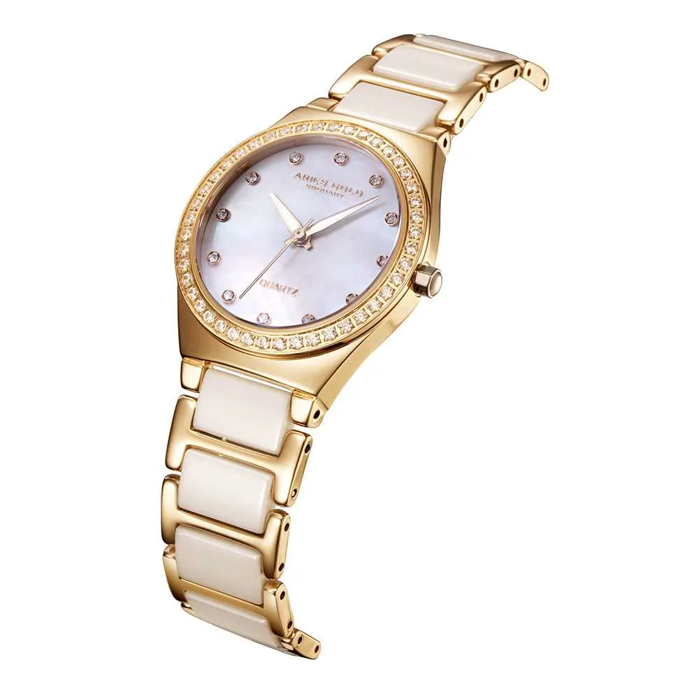 ARIES GOLD ENCHANT DIVA GOLD STAINLESS STEEL L 5014Z G-MOP WHITE CERAMIC WOMEN'S WATCH