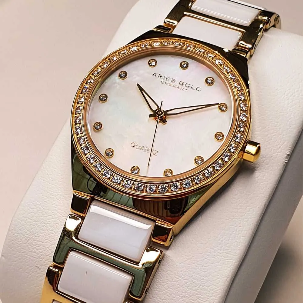 ARIES GOLD ENCHANT DIVA GOLD STAINLESS STEEL L 5014Z G-MOP WHITE CERAMIC WOMEN'S WATCH