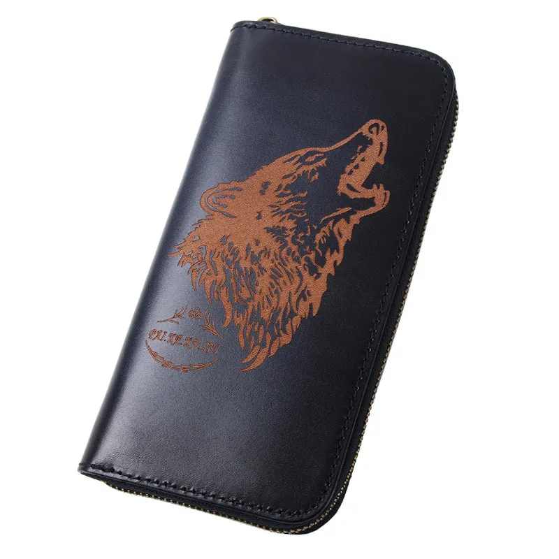 Around Zip Black Leather Long Wallet Mens Wolf Zipper Clutch Wallet for Men