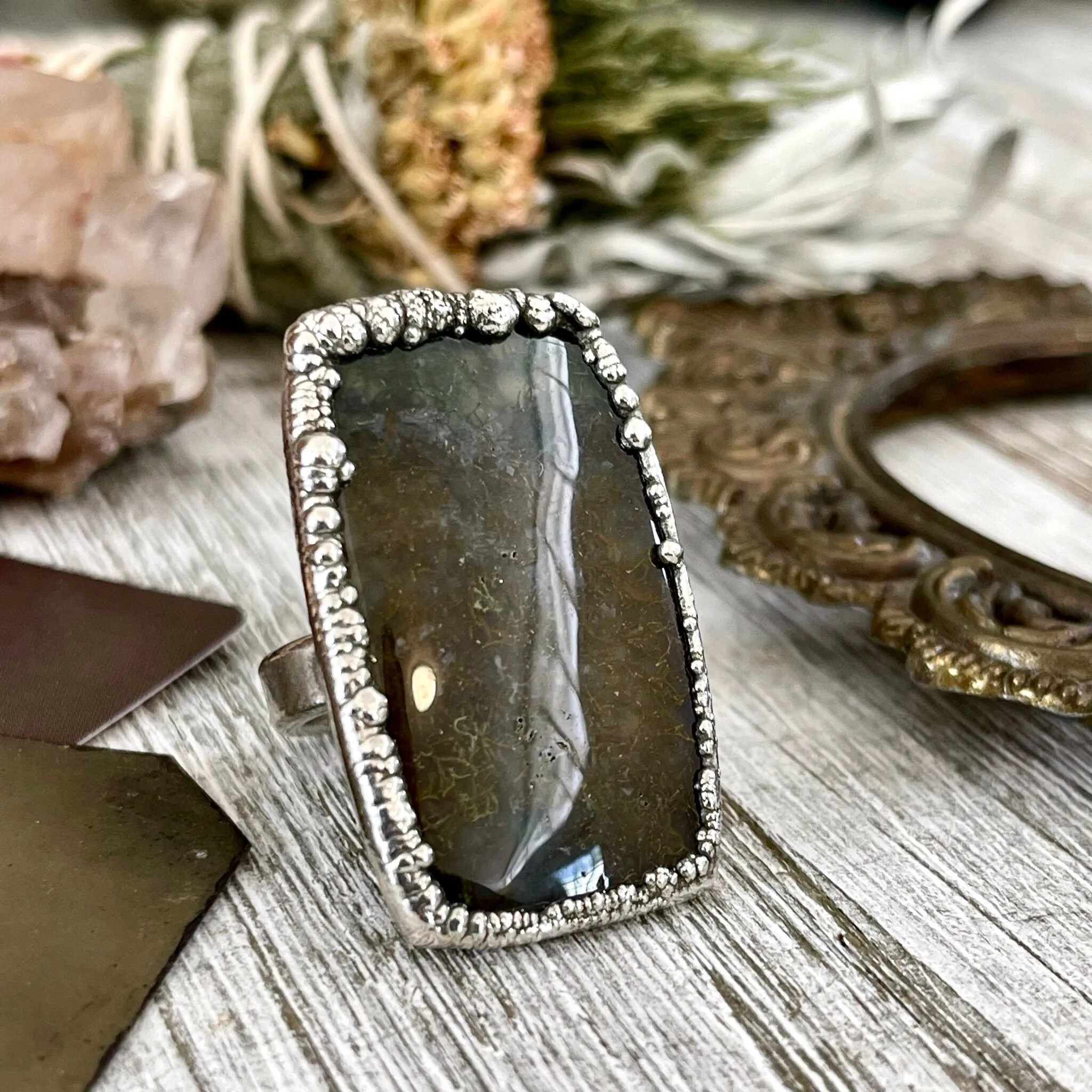 Big Size 6 Silver Natural Fancy Moss Agate Crystal Statement Ring / Foxlark Collection - One of a Kind