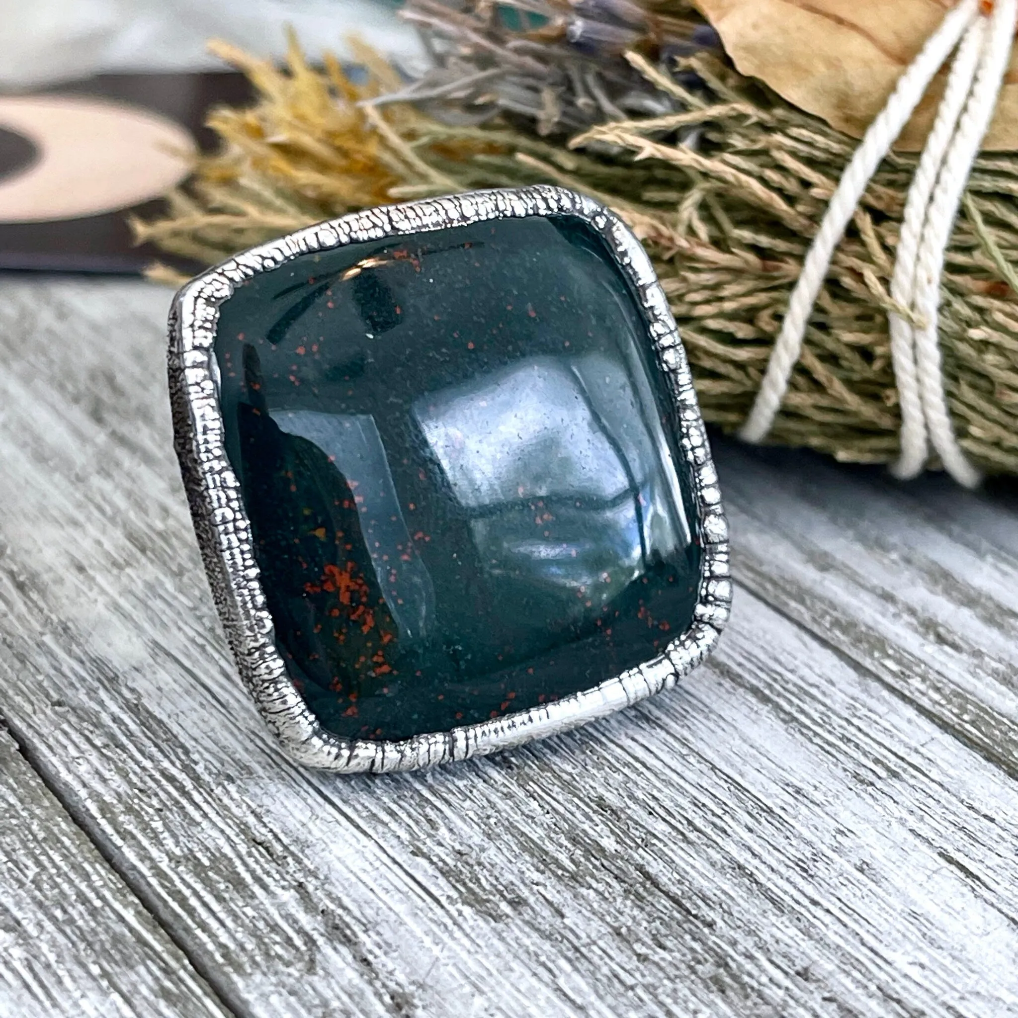 Big Size 8 Natural Bloodstone Statement Ring In Fine Silver /  Foxlark Collection - One of a Kind