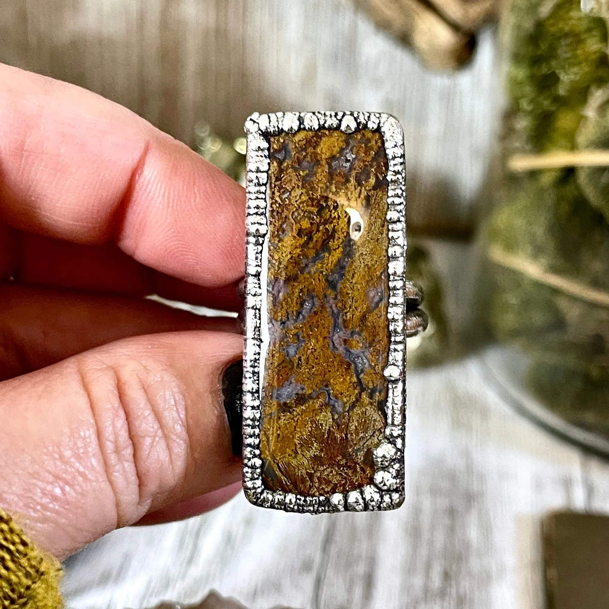 Big Size 8 Silver Natural Fancy Moss Agate Crystal Statement Ring / Foxlark Collection - One of a Kind