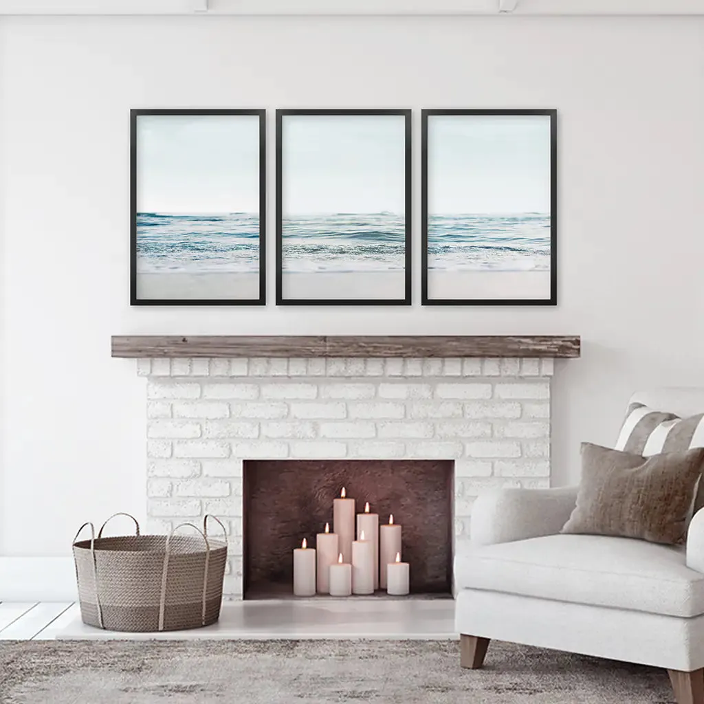 Blue Waves, Sandy Beach. Minimalist 3 Piece Wall Decor