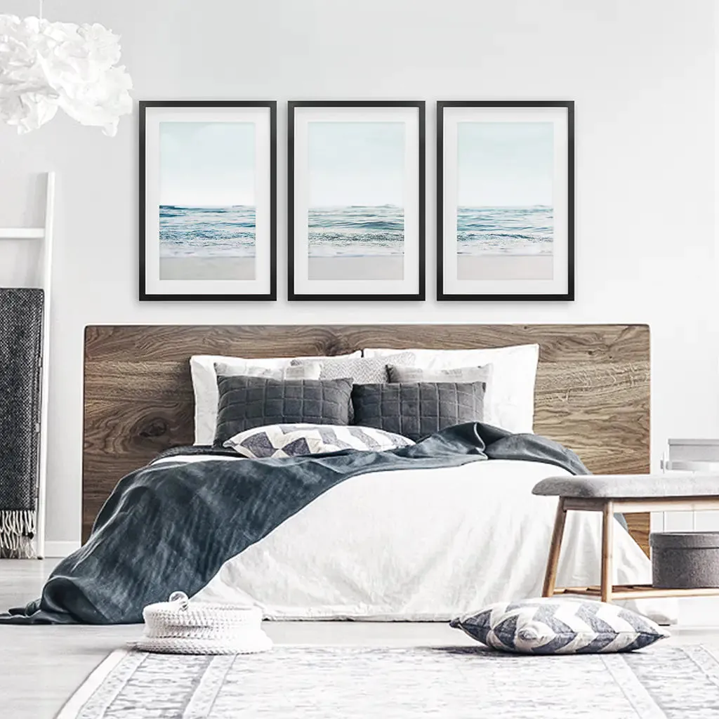 Blue Waves, Sandy Beach. Minimalist 3 Piece Wall Decor