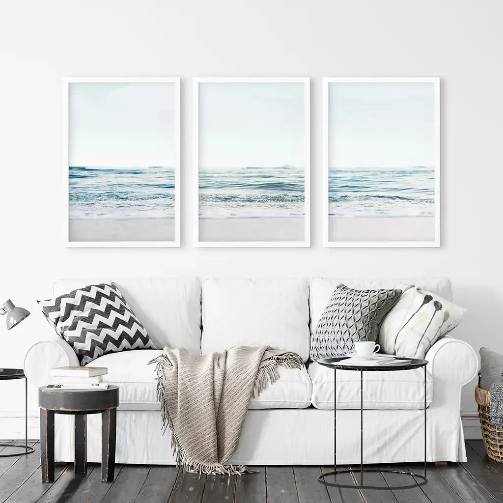 Blue Waves, Sandy Beach. Minimalist 3 Piece Wall Decor