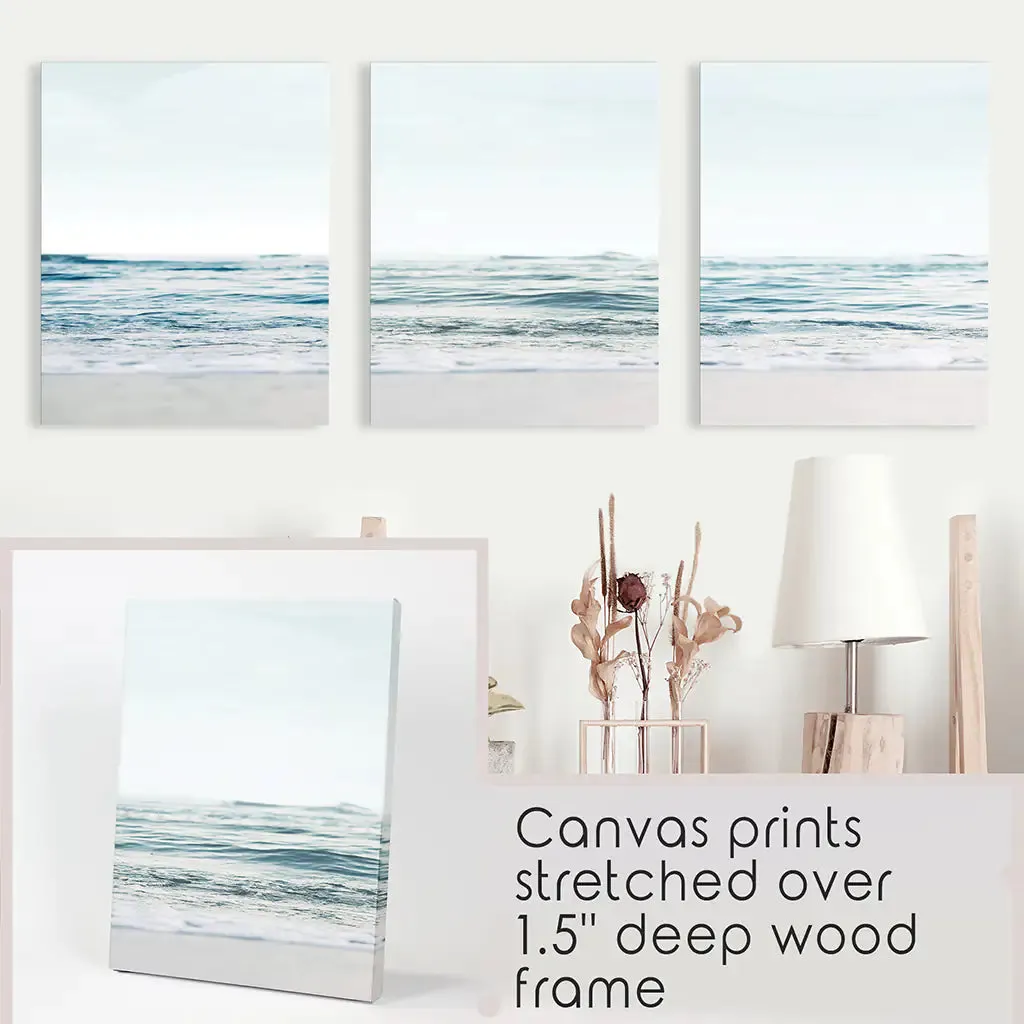 Blue Waves, Sandy Beach. Minimalist 3 Piece Wall Decor