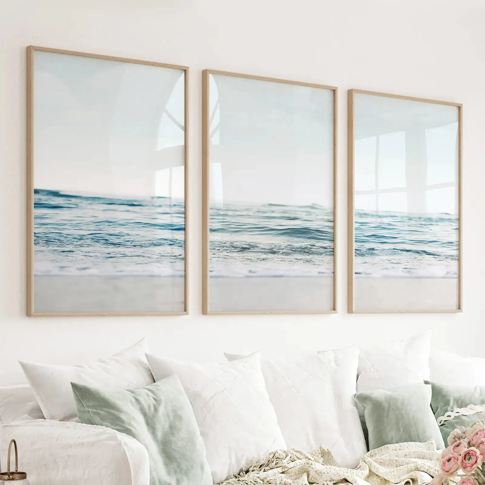 Blue Waves, Sandy Beach. Minimalist 3 Piece Wall Decor