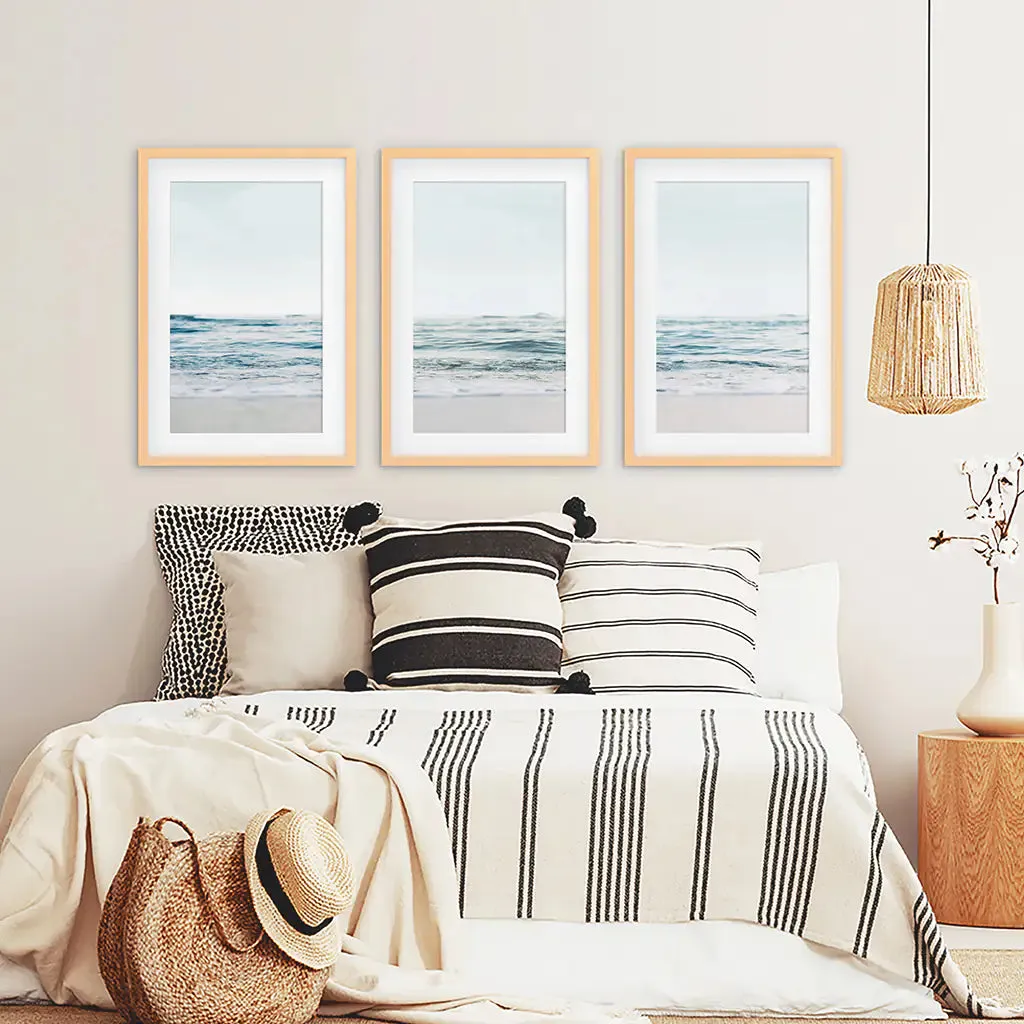 Blue Waves, Sandy Beach. Minimalist 3 Piece Wall Decor