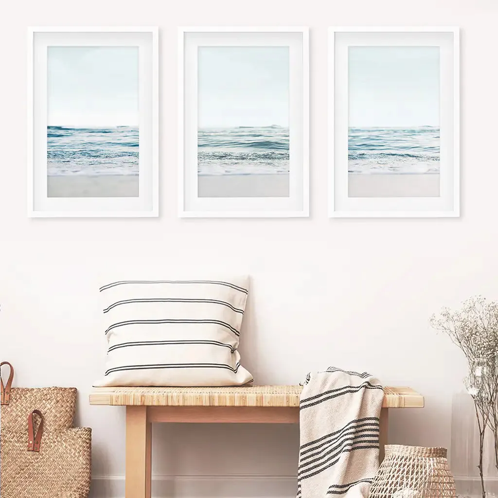 Blue Waves, Sandy Beach. Minimalist 3 Piece Wall Decor