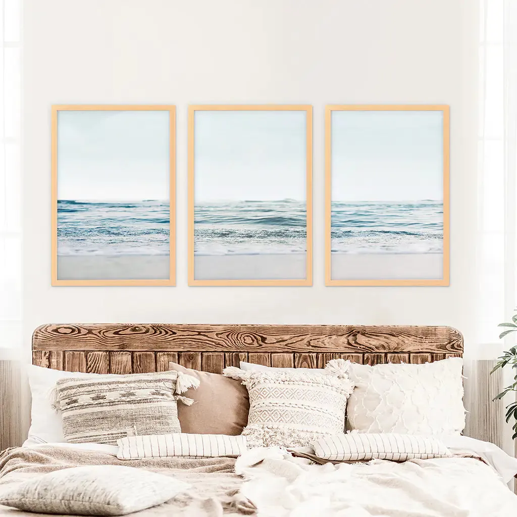 Blue Waves, Sandy Beach. Minimalist 3 Piece Wall Decor