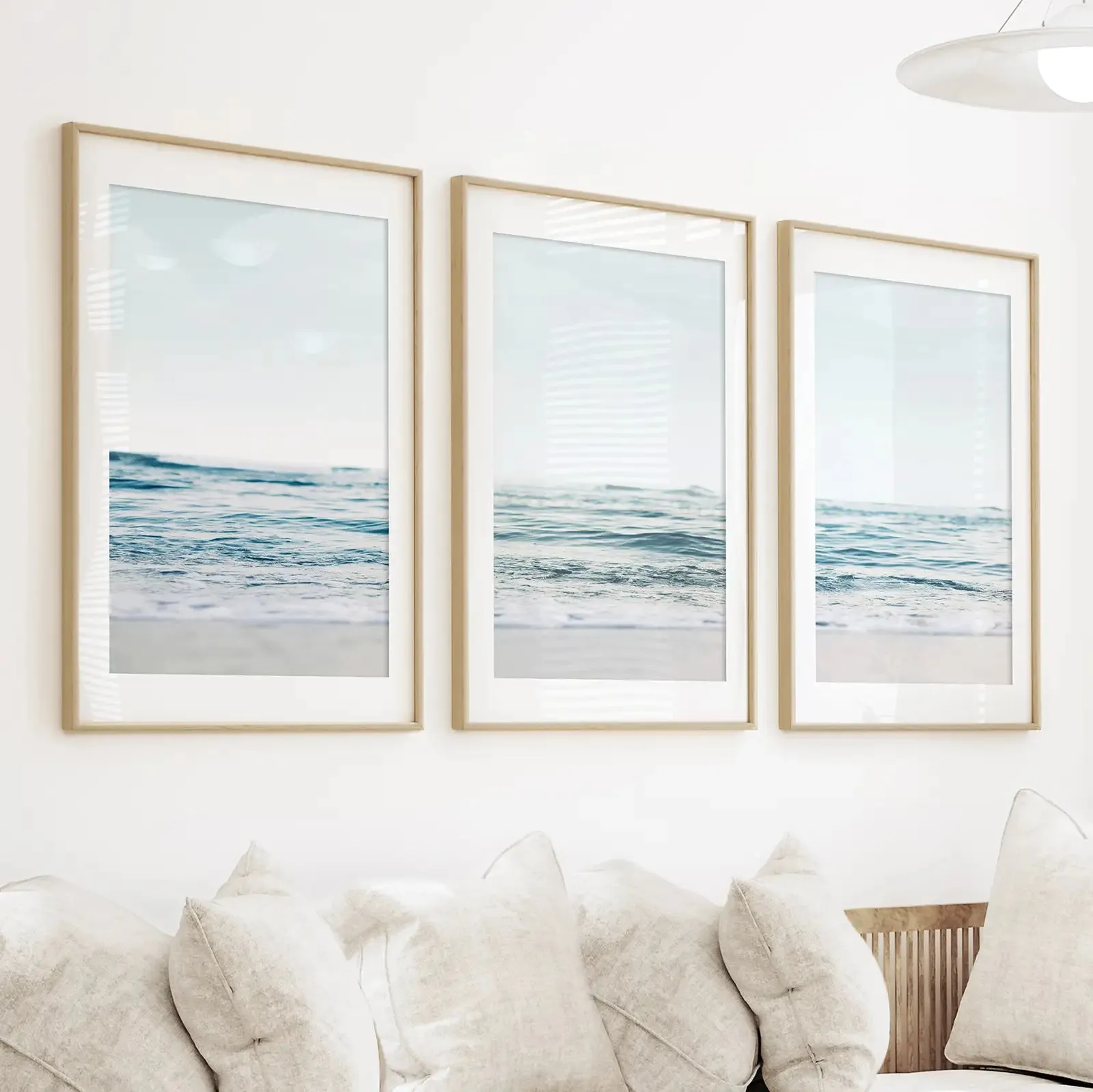 Blue Waves, Sandy Beach. Minimalist 3 Piece Wall Decor