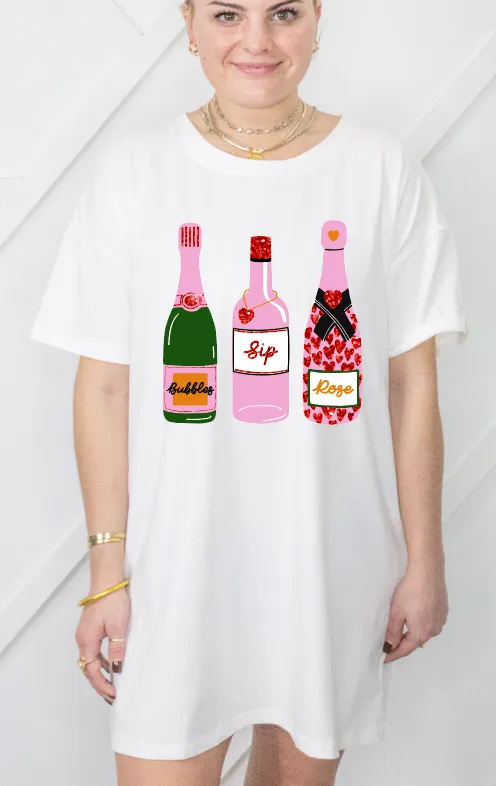 Bubbles,Sip,Rose on White Tee Dress