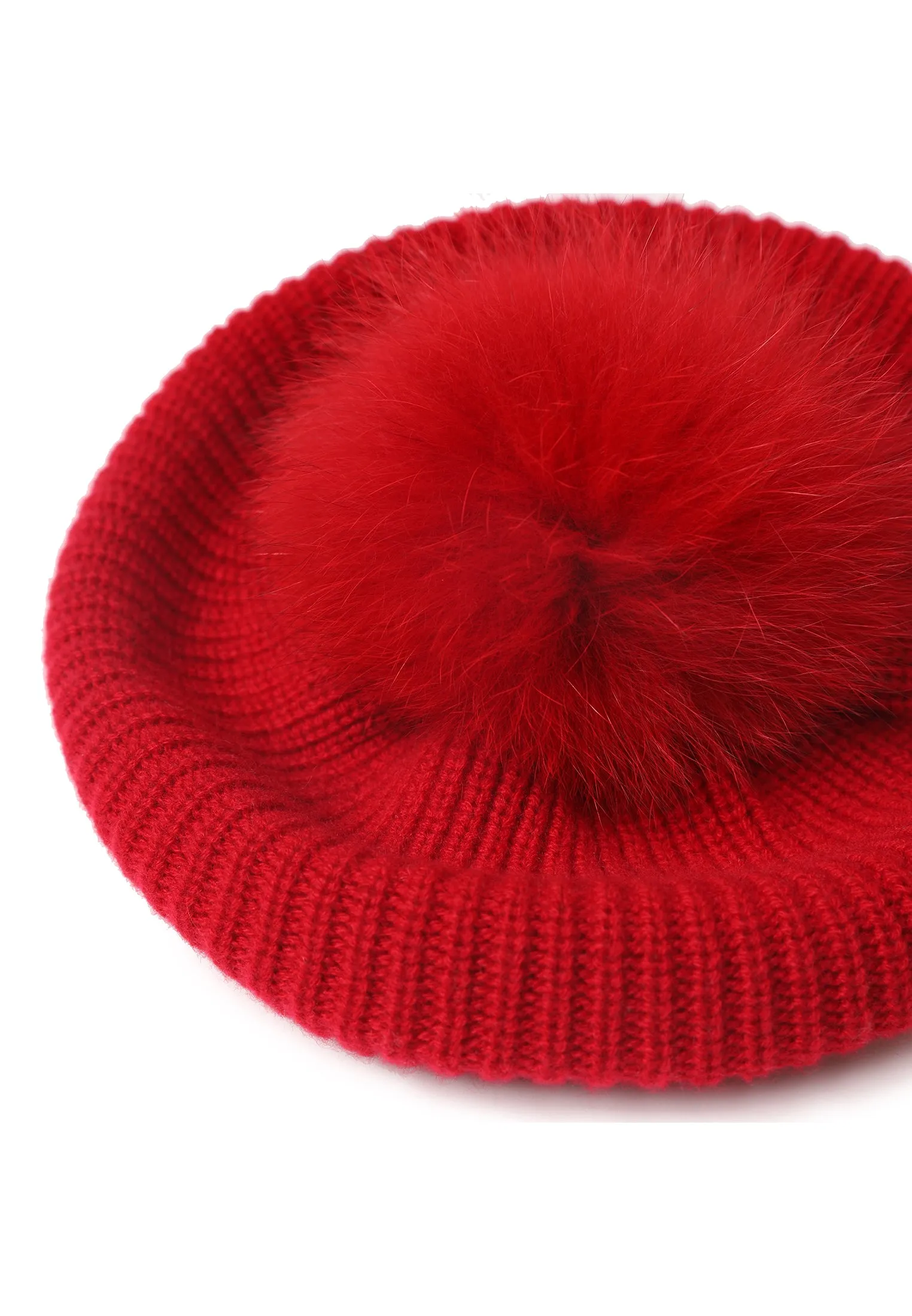 Cashmere Beret with Fur Pom Beret