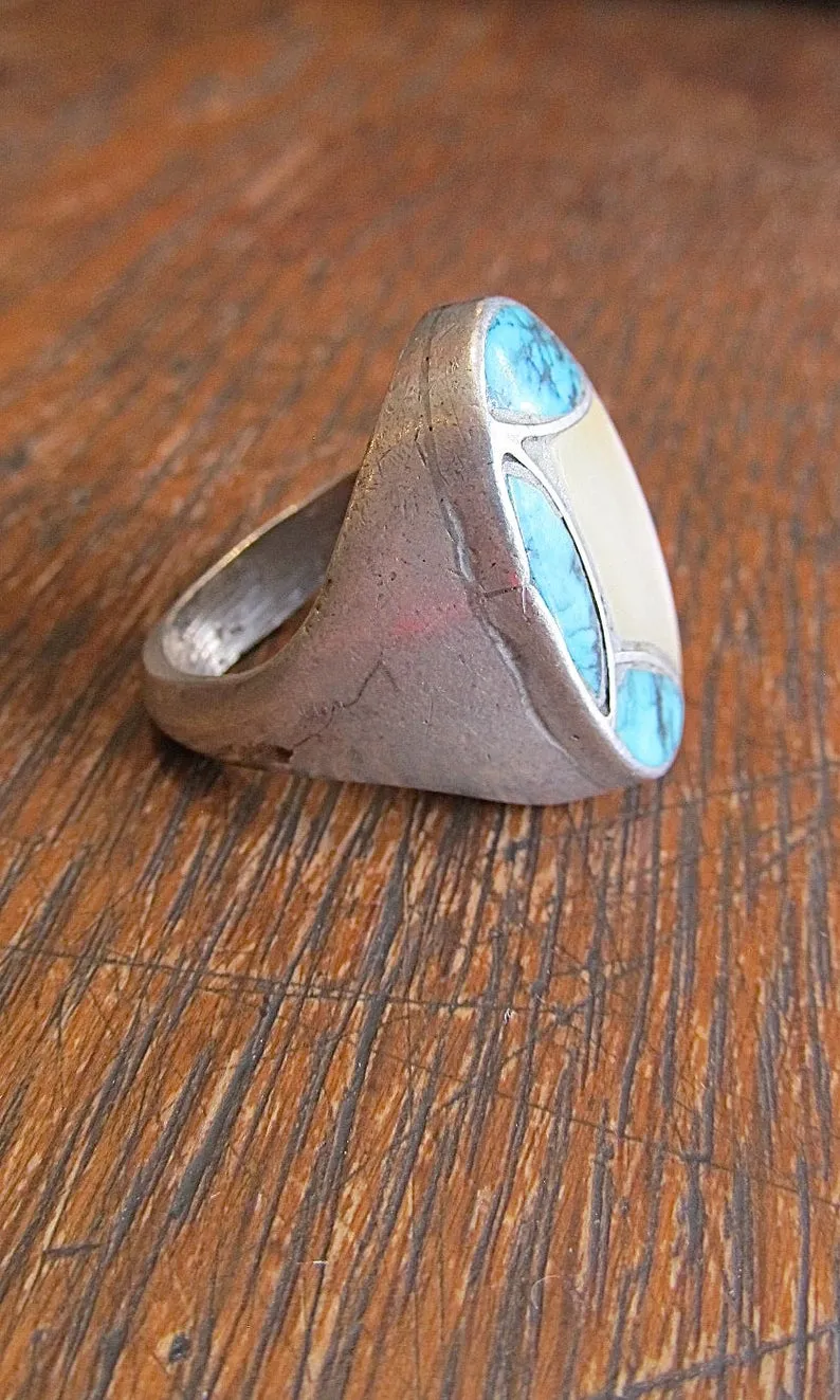 CECIL C LEE Vintage Silver, Turquoise, and Mother of Pearl Mens Ring, Sz 11