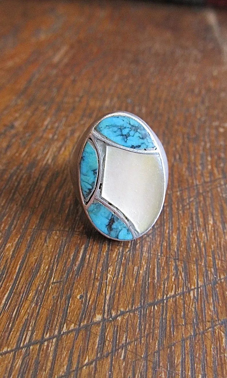 CECIL C LEE Vintage Silver, Turquoise, and Mother of Pearl Mens Ring, Sz 11