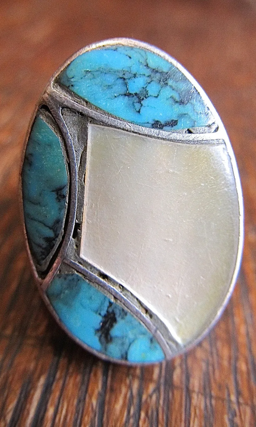 CECIL C LEE Vintage Silver, Turquoise, and Mother of Pearl Mens Ring, Sz 11