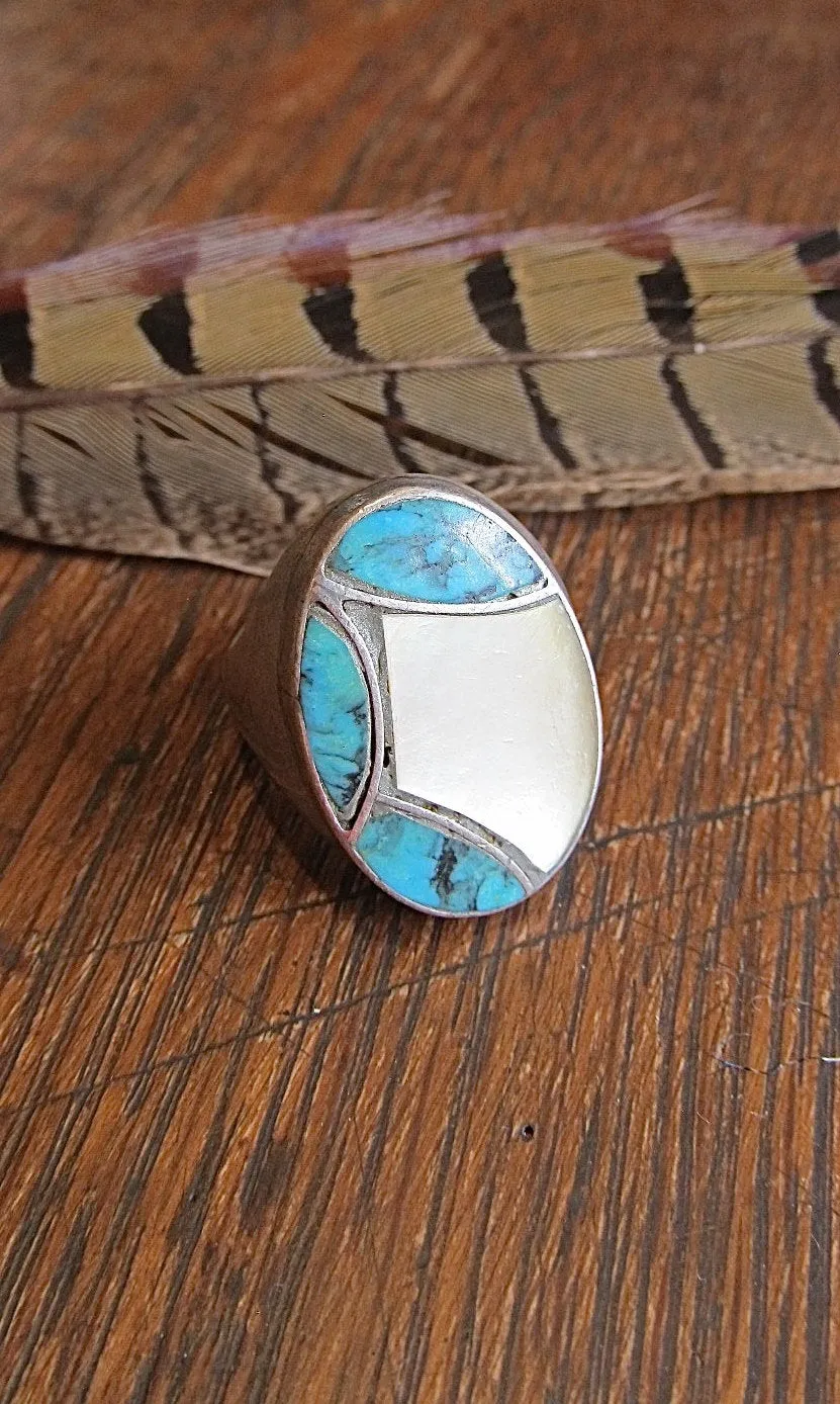 CECIL C LEE Vintage Silver, Turquoise, and Mother of Pearl Mens Ring, Sz 11