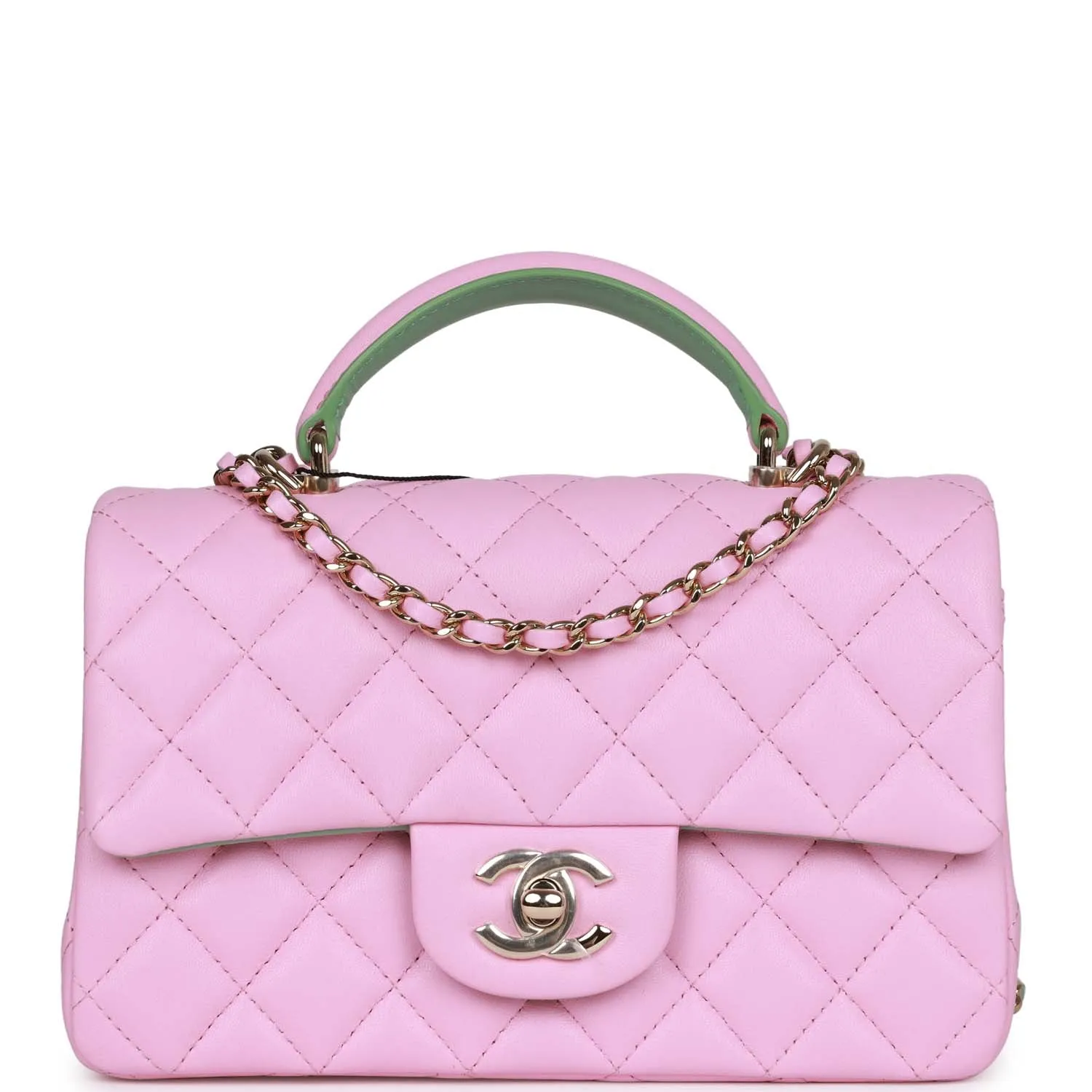 Chanel Mini Rectangular Flap with Top Handle Pink and Green Lambskin Light Gold Hardware