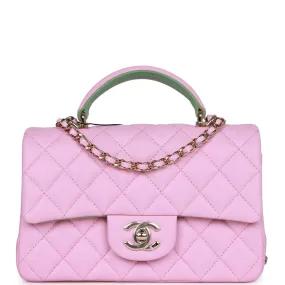 Chanel Mini Rectangular Flap with Top Handle Pink and Green Lambskin Light Gold Hardware