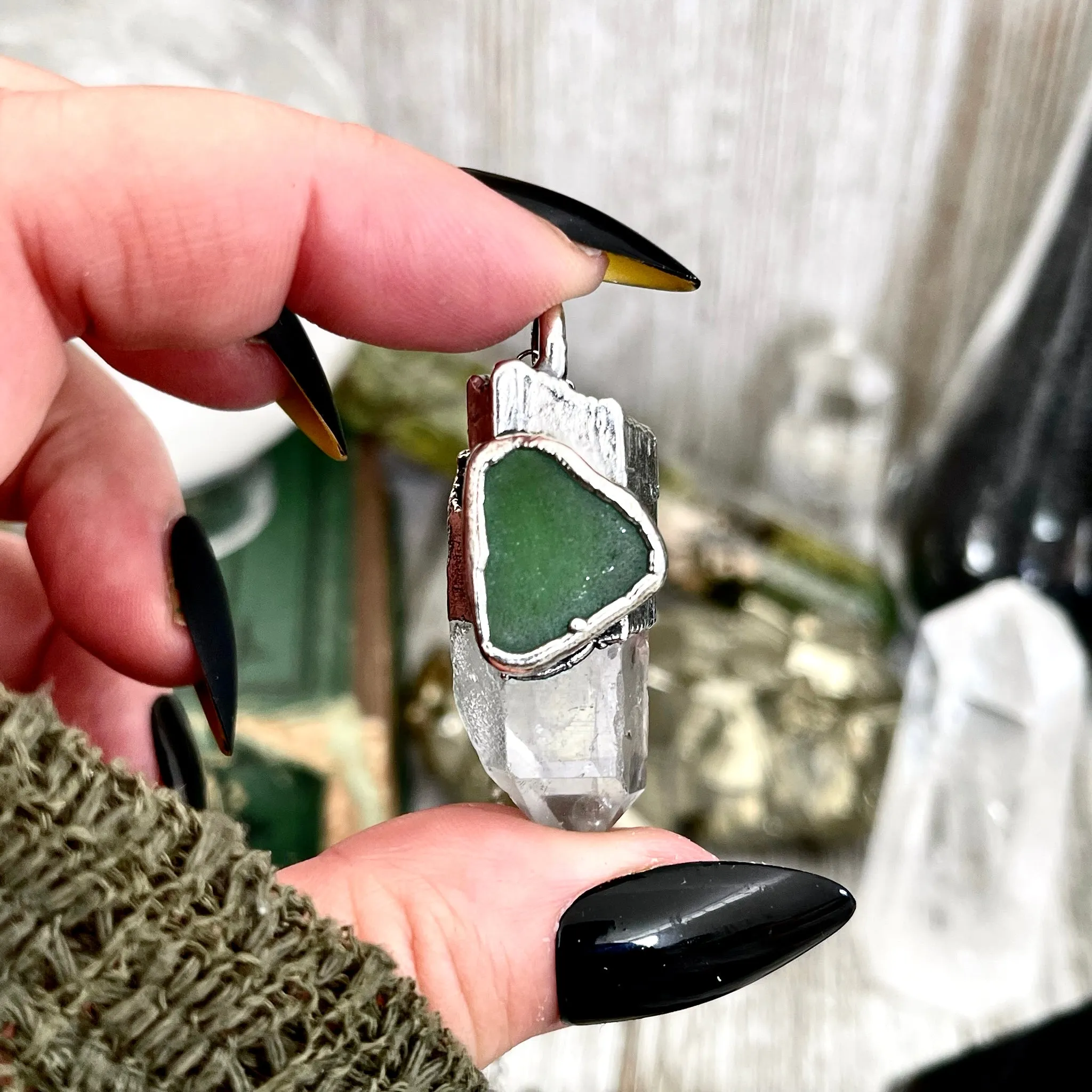 Clear Quartz & Green Sea Glass Crystal Statement Necklace in Fine Silver / Foxlark Collection - One of a Kind