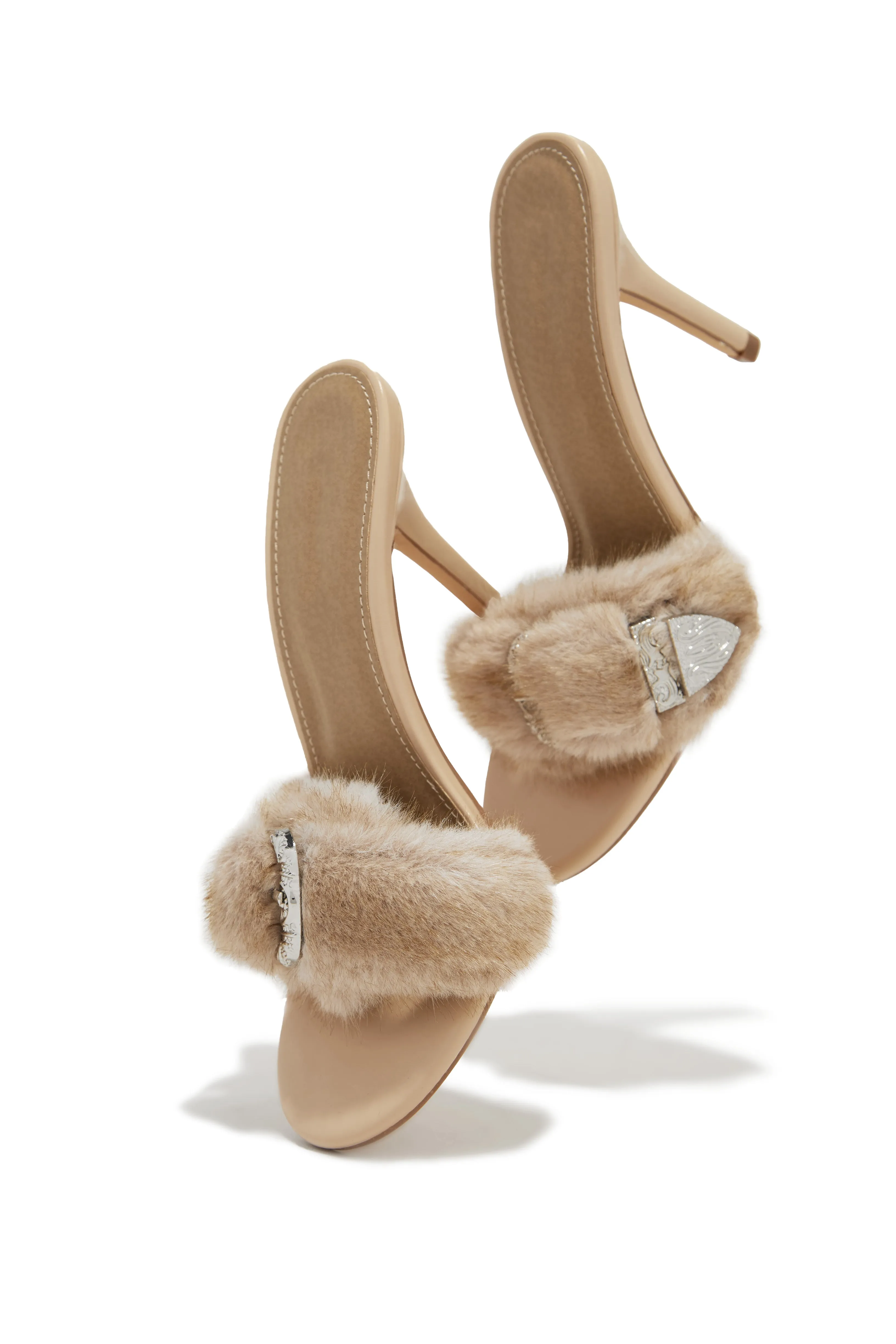 Cold Heart Faux Fur Strap High Heel Mules - Nude