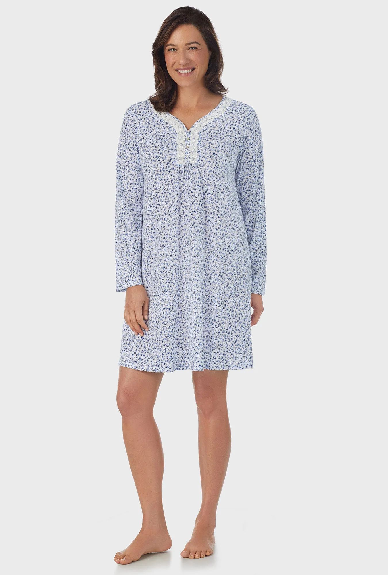 Dusty Blue Tossed Roses Long Sleeve Nightgown