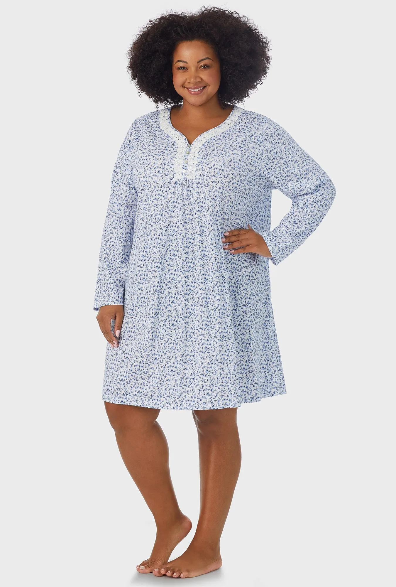 Dusty Blue Tossed Roses Long Sleeve Nightgown