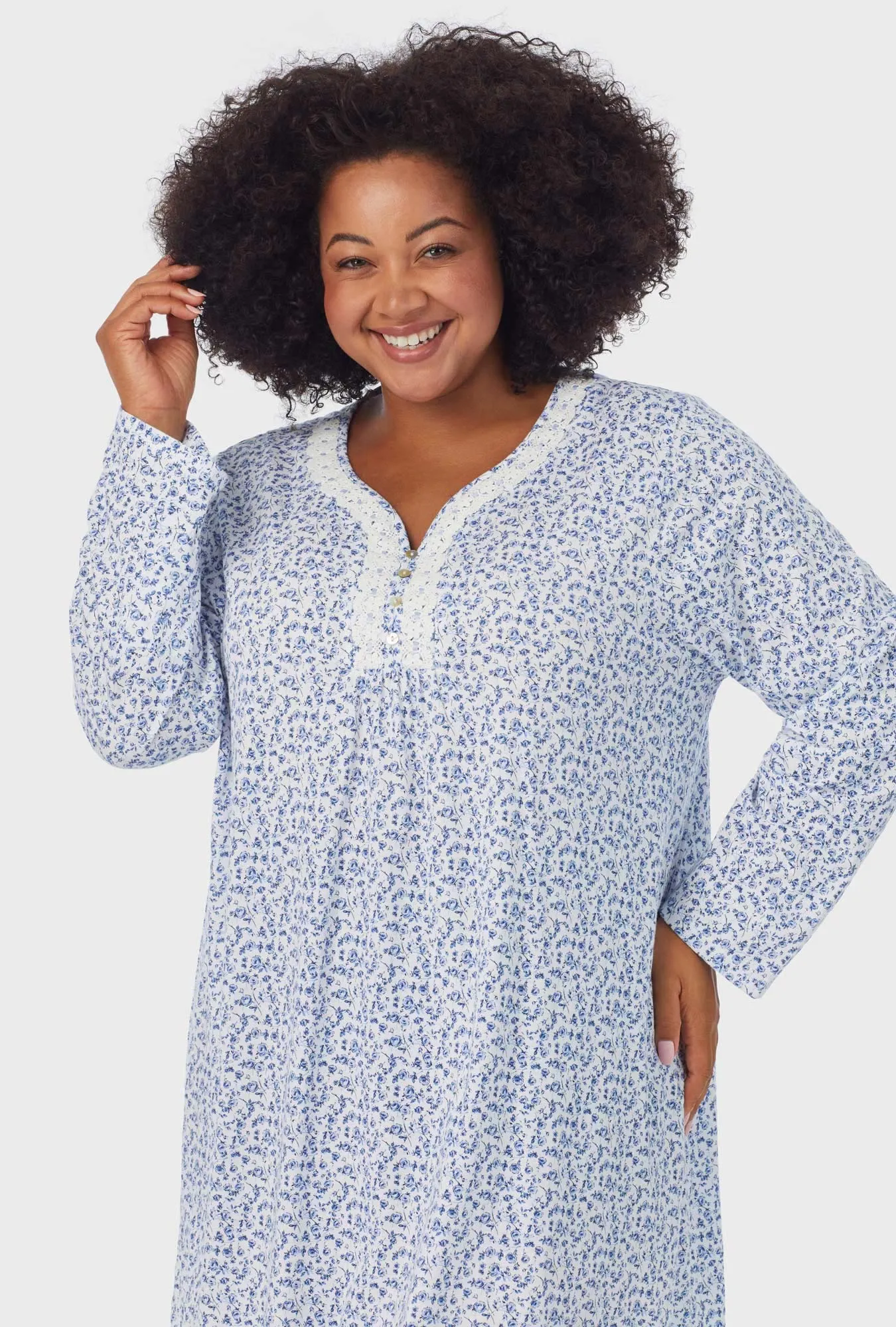 Dusty Blue Tossed Roses Long Sleeve Nightgown