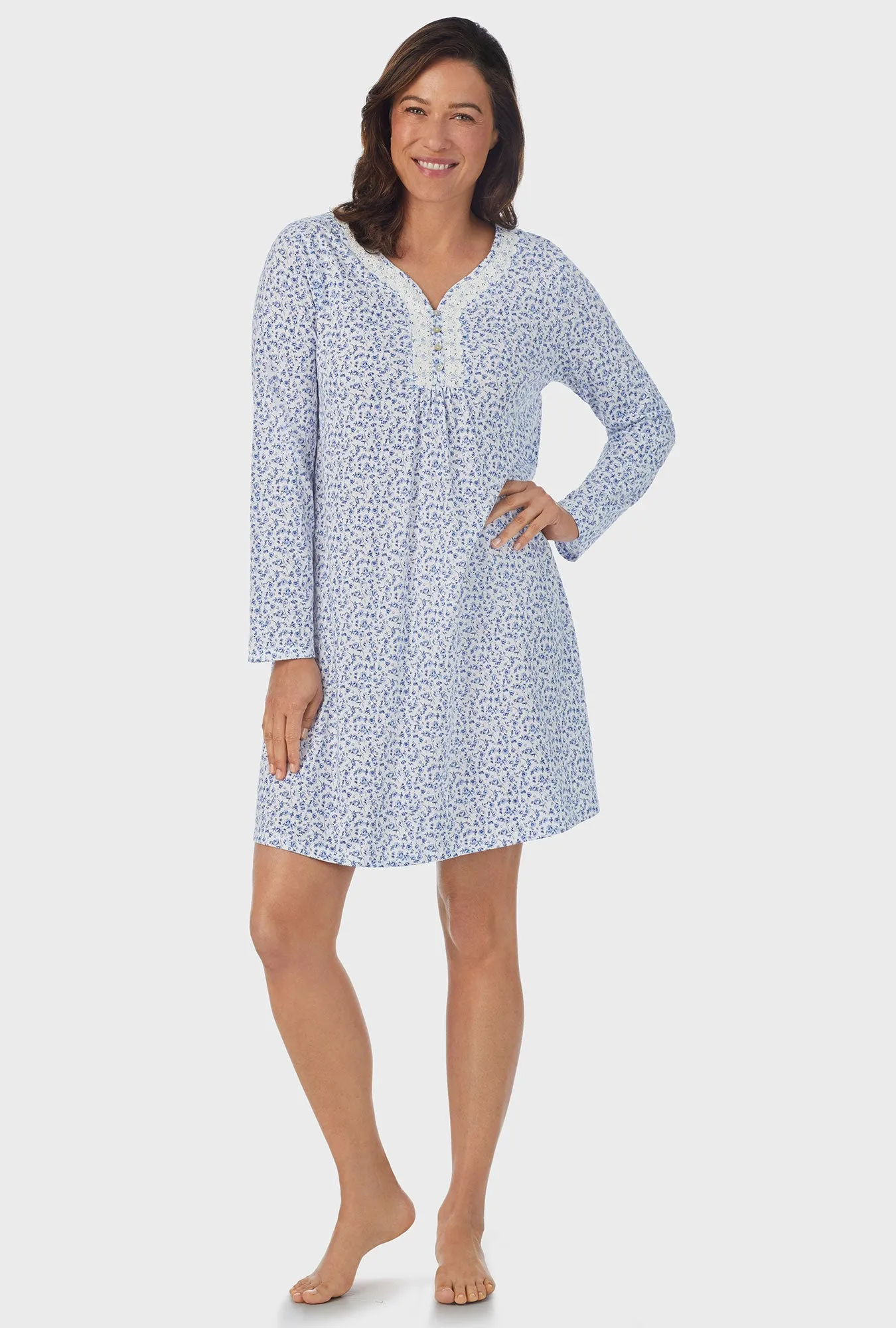 Dusty Blue Tossed Roses Long Sleeve Nightgown