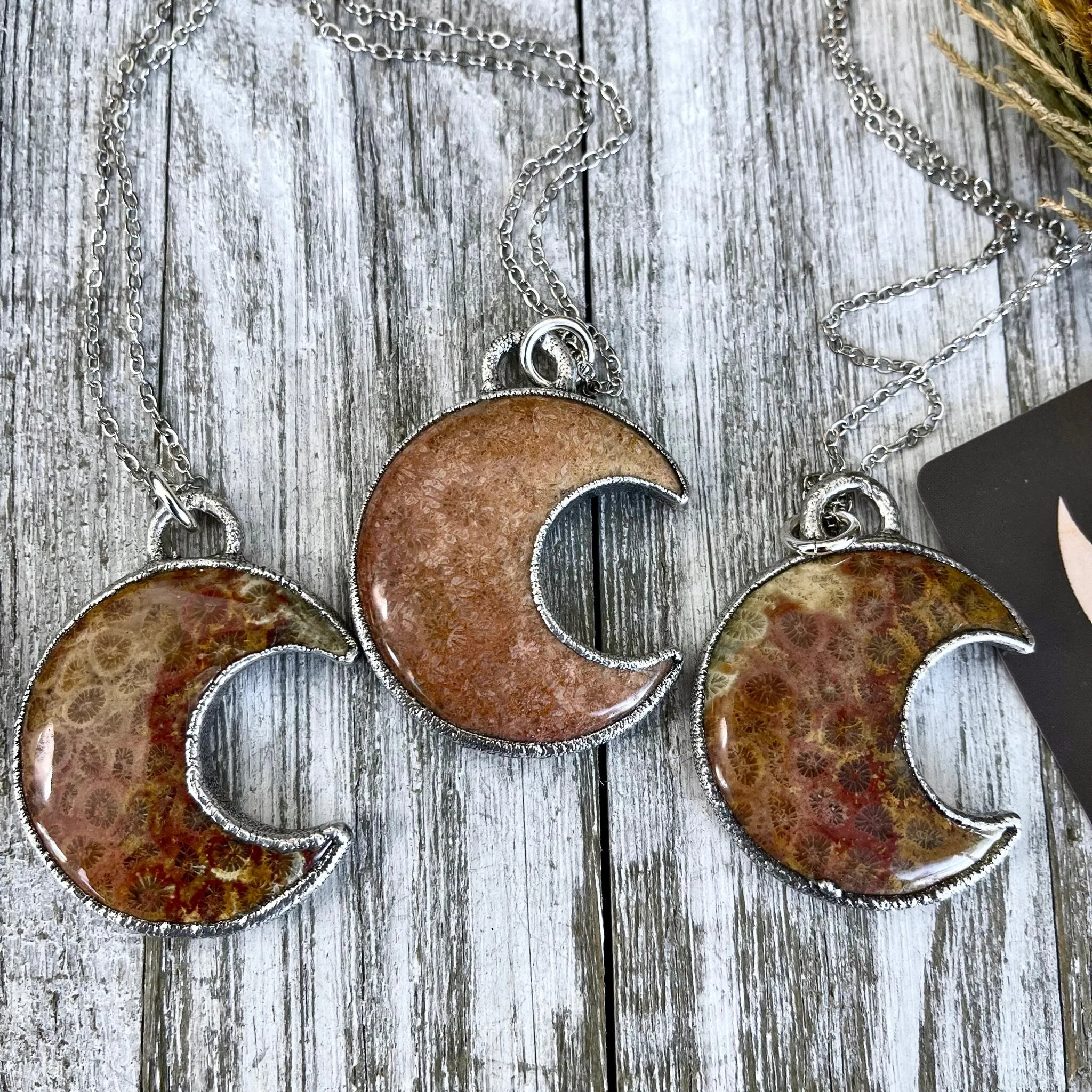 Fossilized Coral Crescent Moon Necklace in Fine Silver  / Foxlark Collection - One of a Kind Electroformed Jewelry Electroformed