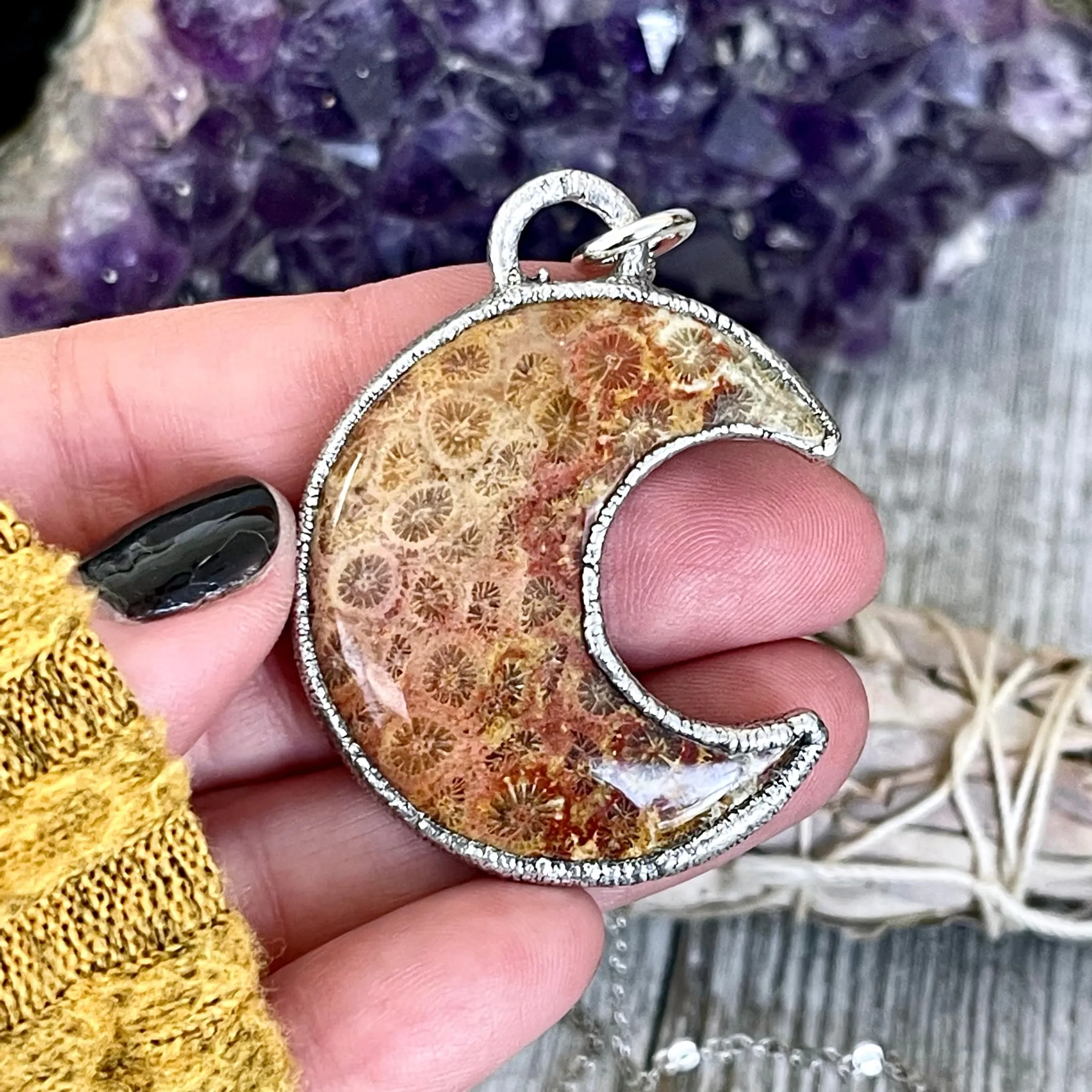 Fossilized Coral Crescent Moon Necklace in Fine Silver  / Foxlark Collection - One of a Kind Electroformed Jewelry Electroformed