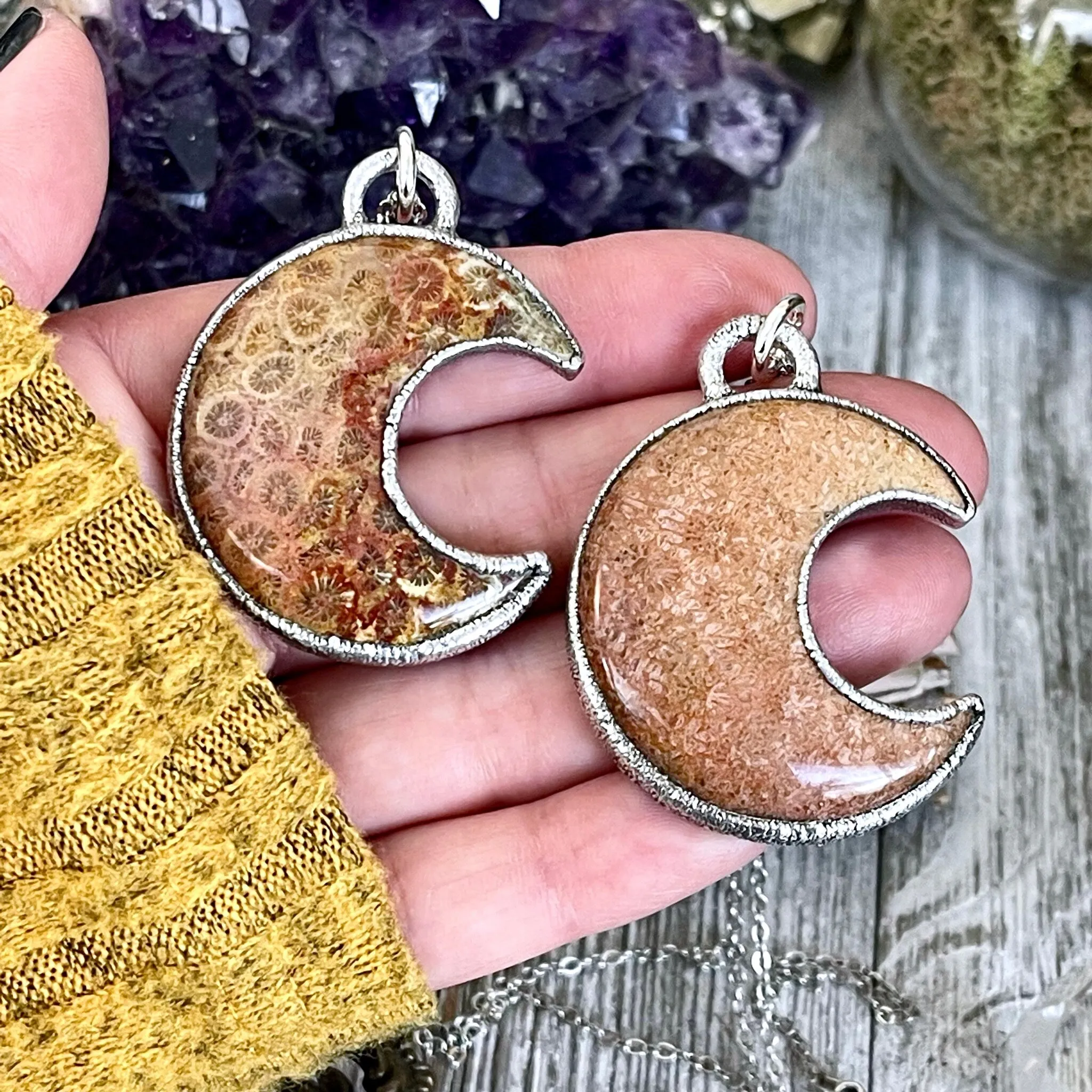 Fossilized Coral Crescent Moon Necklace in Fine Silver  / Foxlark Collection - One of a Kind Electroformed Jewelry Electroformed