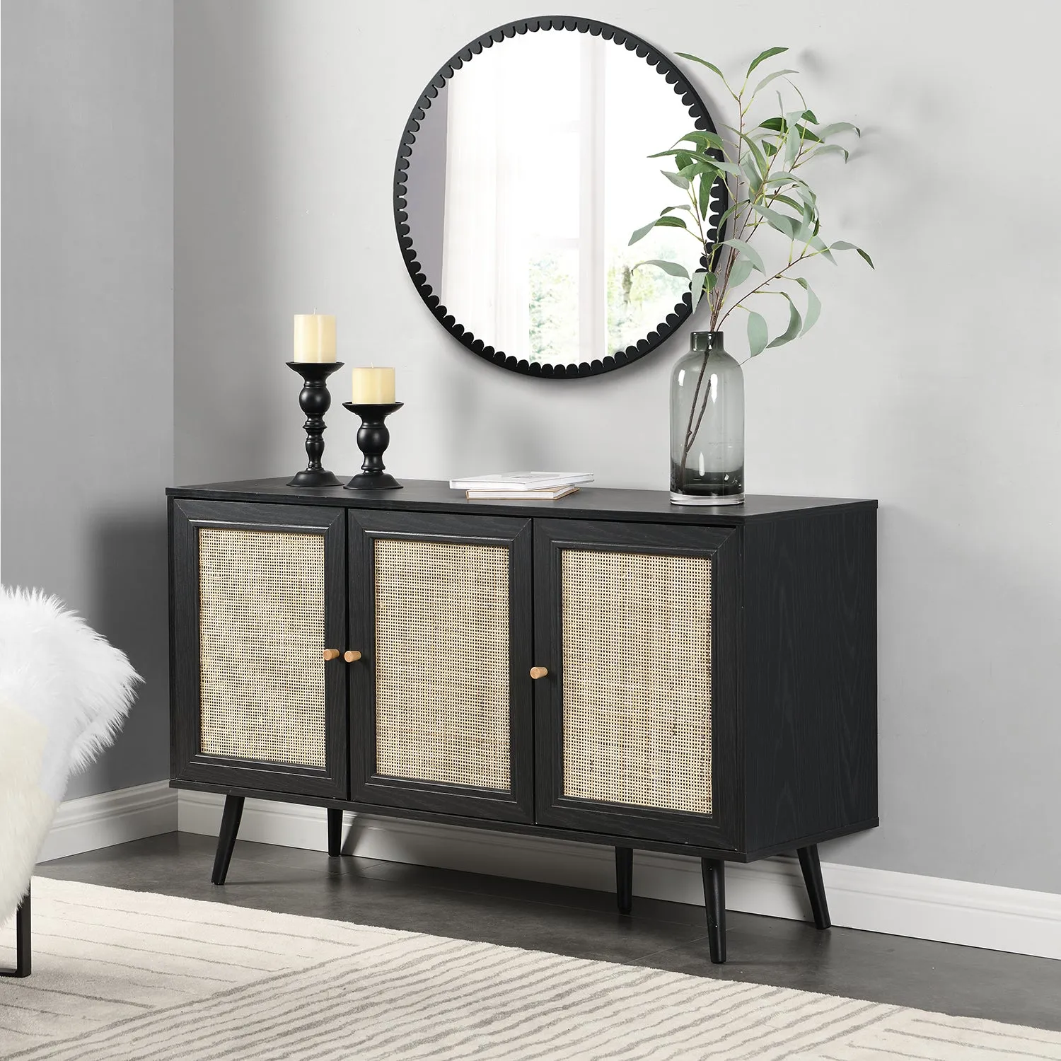 Frances Woven Rattan 3-Door Sideboard, Black