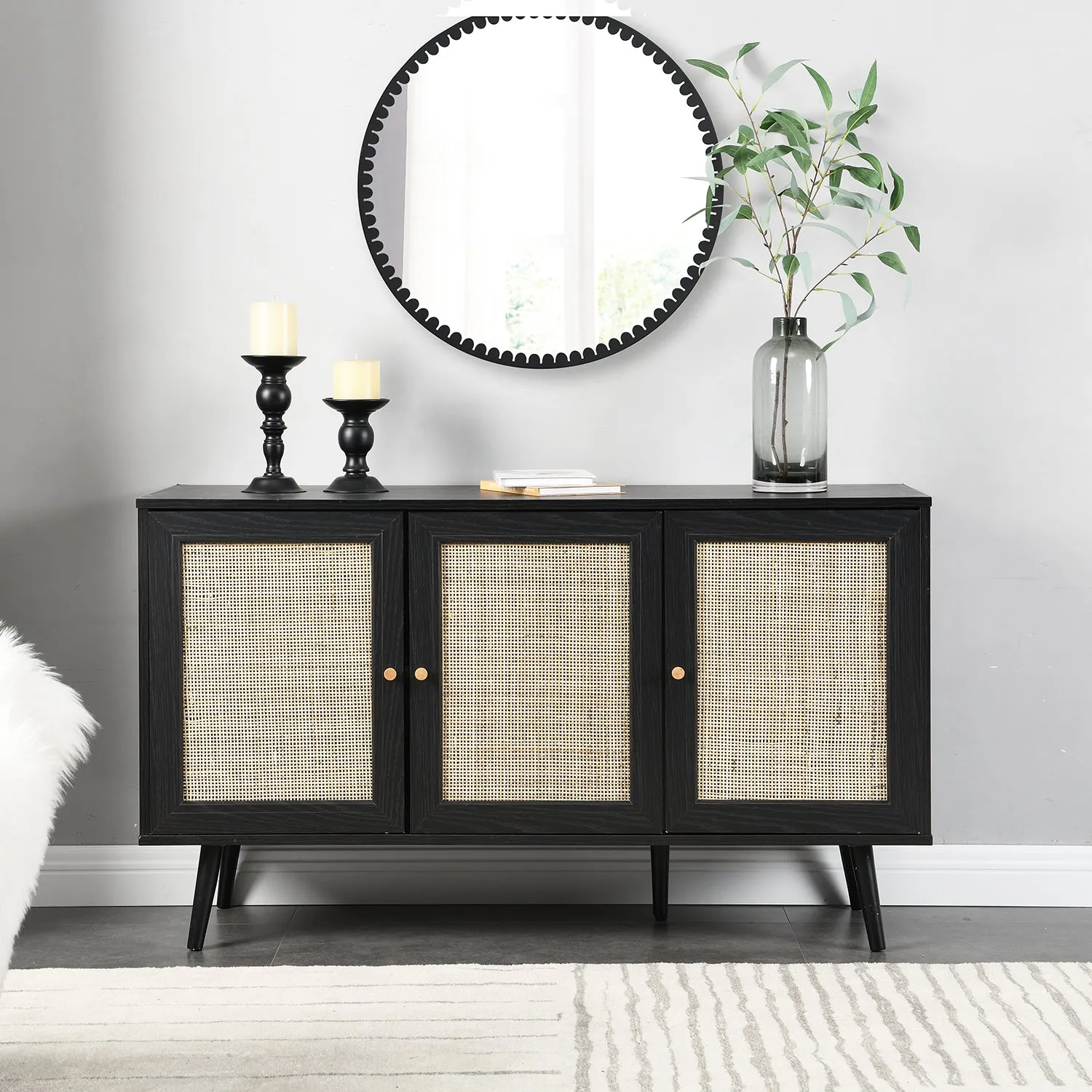 Frances Woven Rattan 3-Door Sideboard, Black