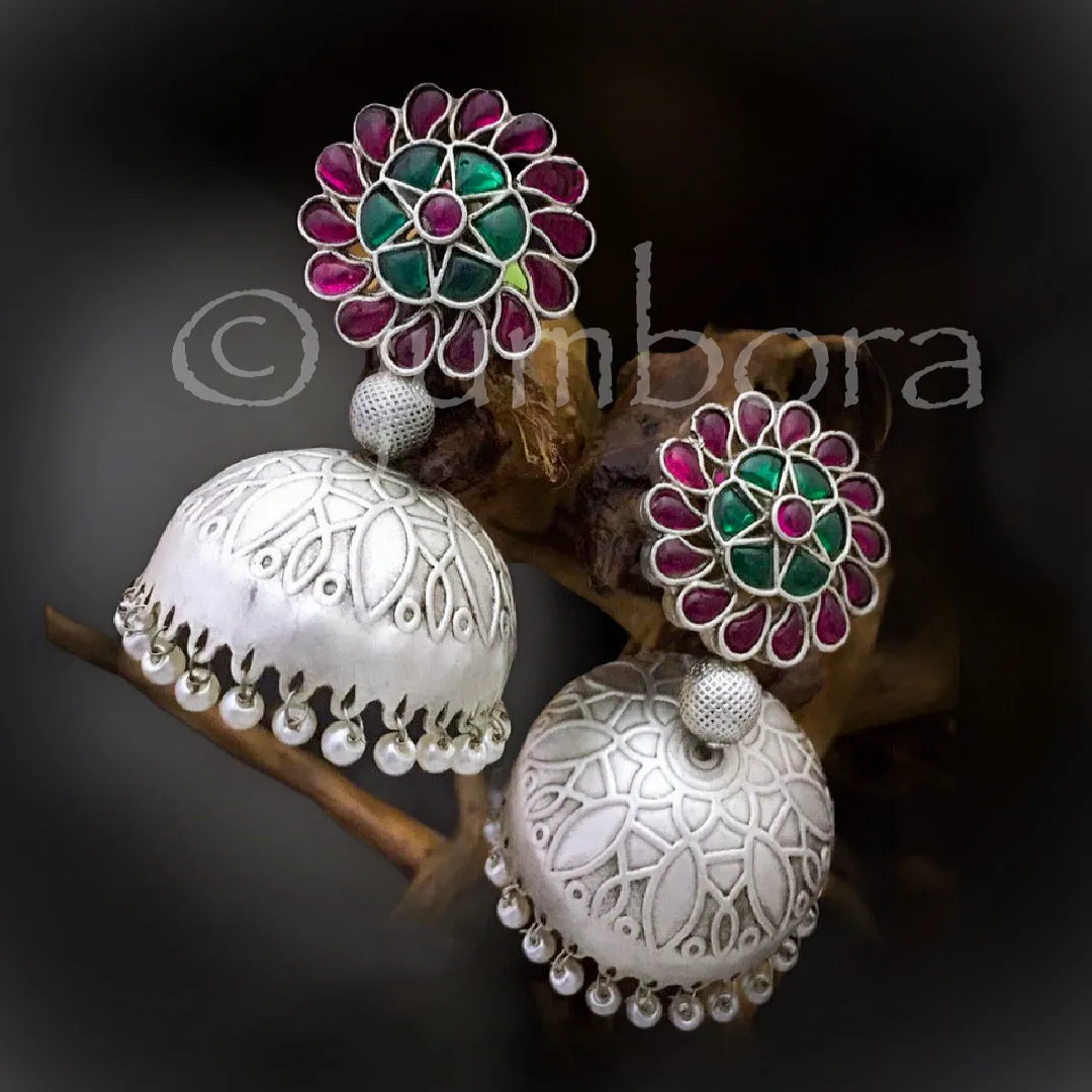 German (Oxidized) Silver Jhumka with Kemp stone Stud