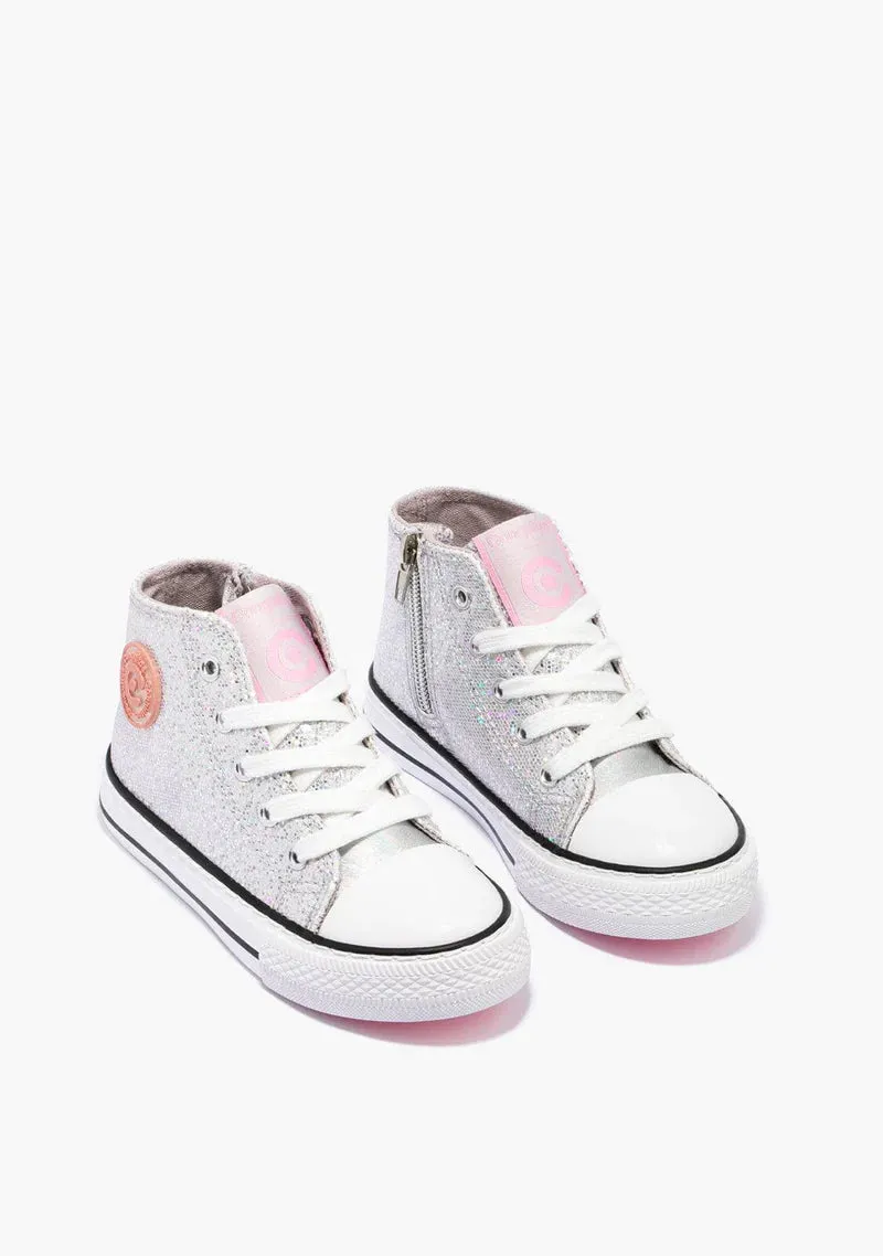 Glitter silver high top sneaker with laces and side zipper(toddler sizes)