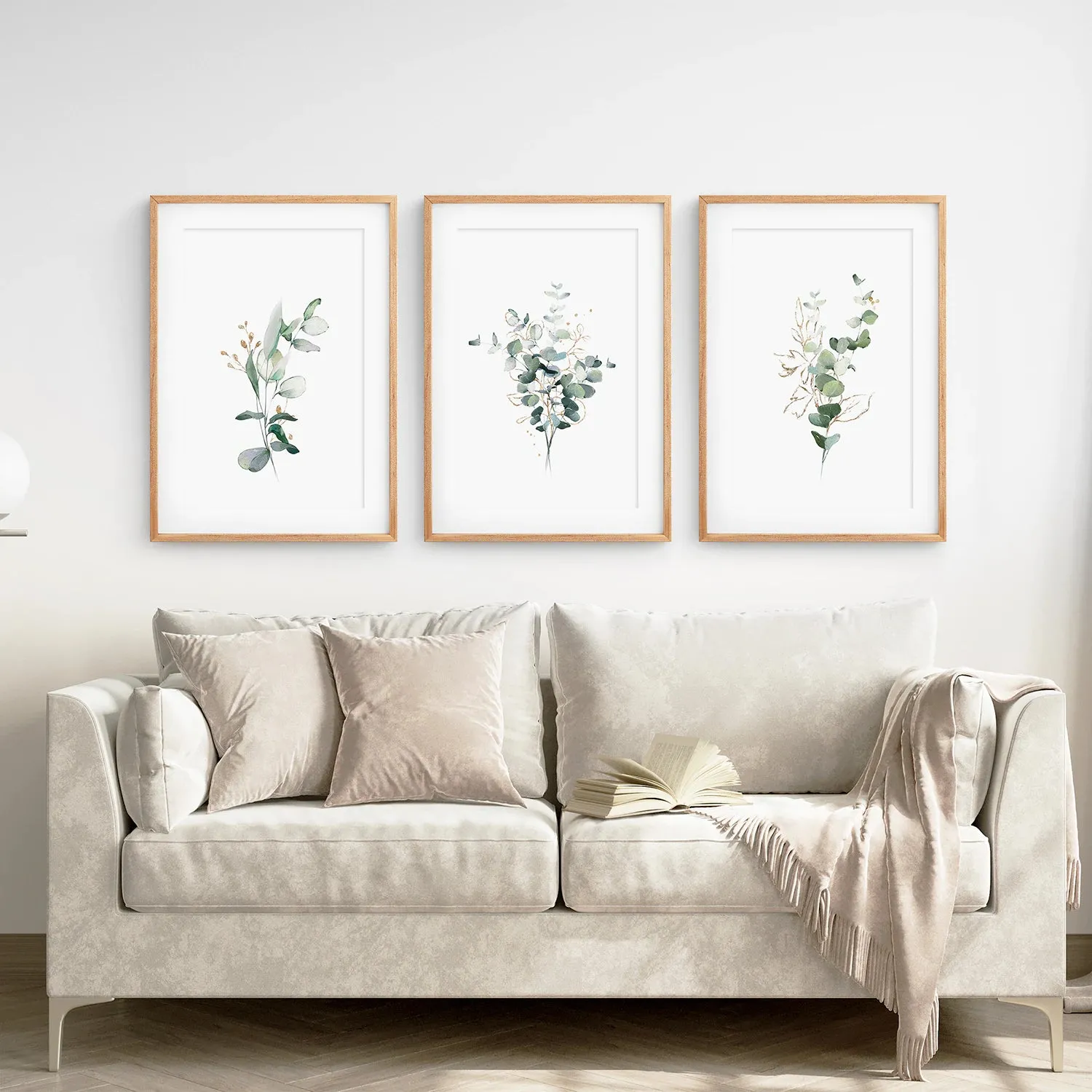 Gold & Green Eucalyptus Wall Art Set of 3