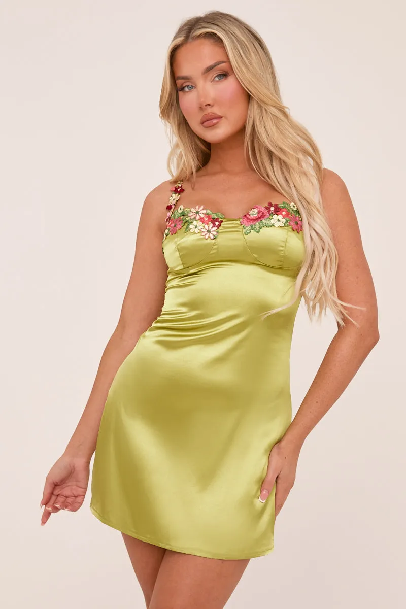 Green Satin Floral Embroidered Mini Dress - Sonya