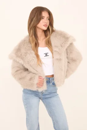 Grey Faux Fur Long Sleeves Oversized Cropped Jacket - Inaya