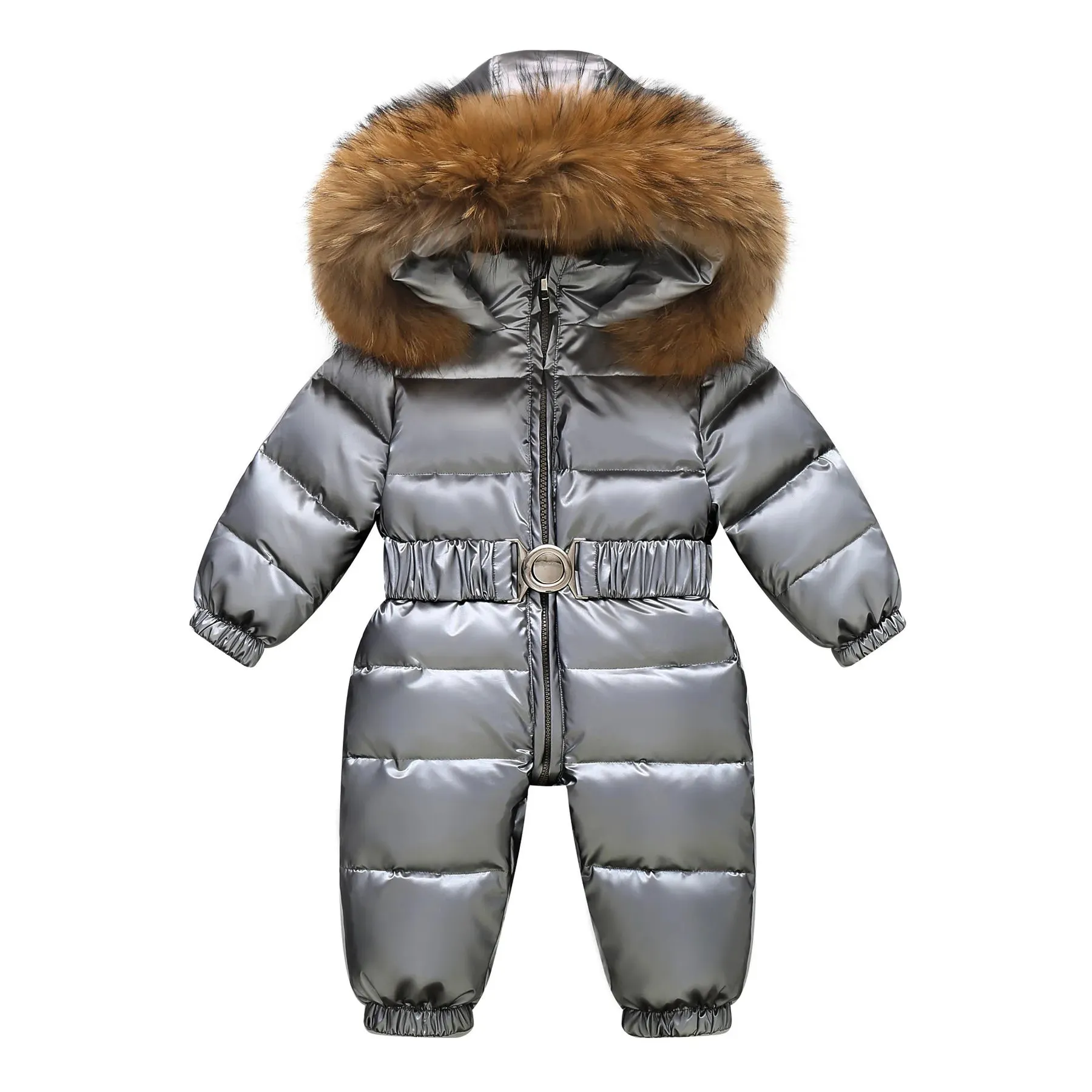 Grey Snowsuit All-in-one with Natural Fur Hood