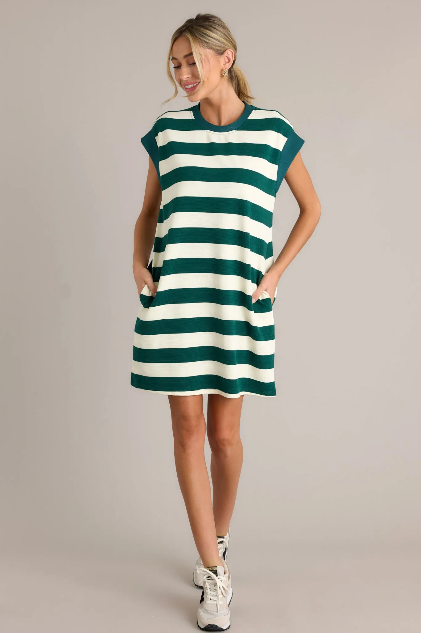 Harmony Horizon Forest Green Stripe Cap Sleeve Mini Dress