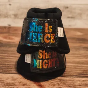 Large "She is Fierce" Black Iconoclast Bells w/ Blue Glitter