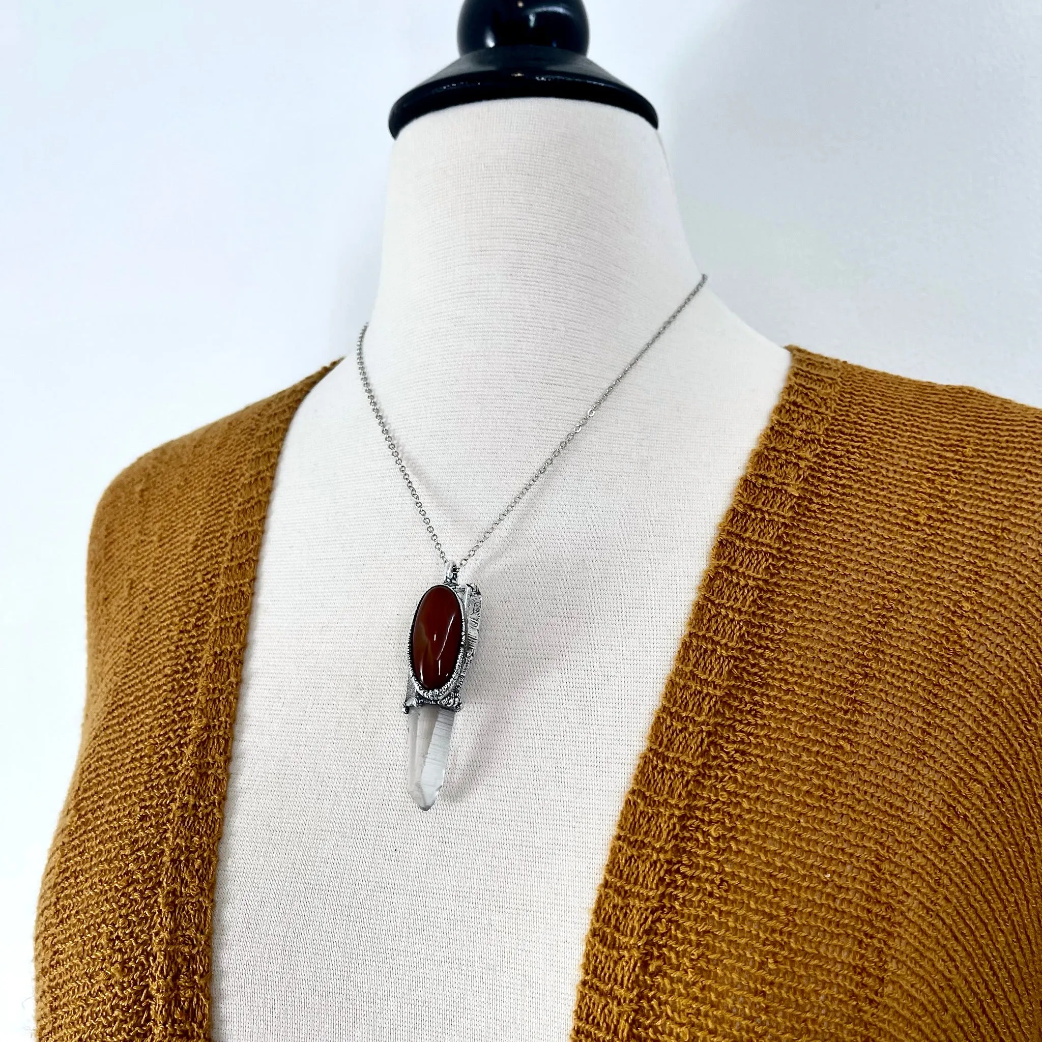 Large Raw Clear Quartz & Carnelian Crystal Statement Necklace in Fine Silver / Foxlark Collection - One of a Kind